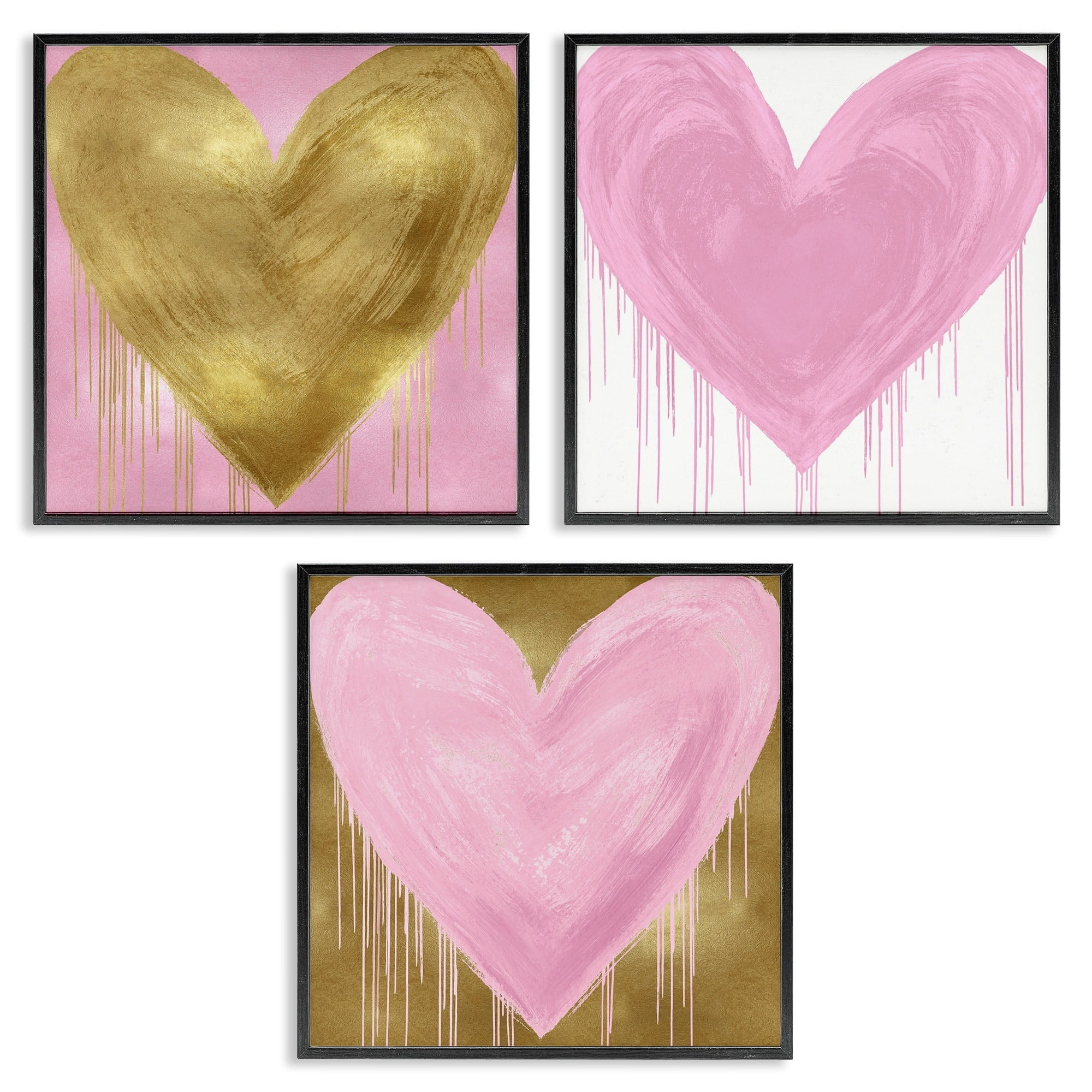 Stupell Industries Glam Paint Drip Hearts Design Pink Gold Shapes Framed Wall Art Design by Lindsay Rodgers, 3 Piece, 12" x 12", Black Framed