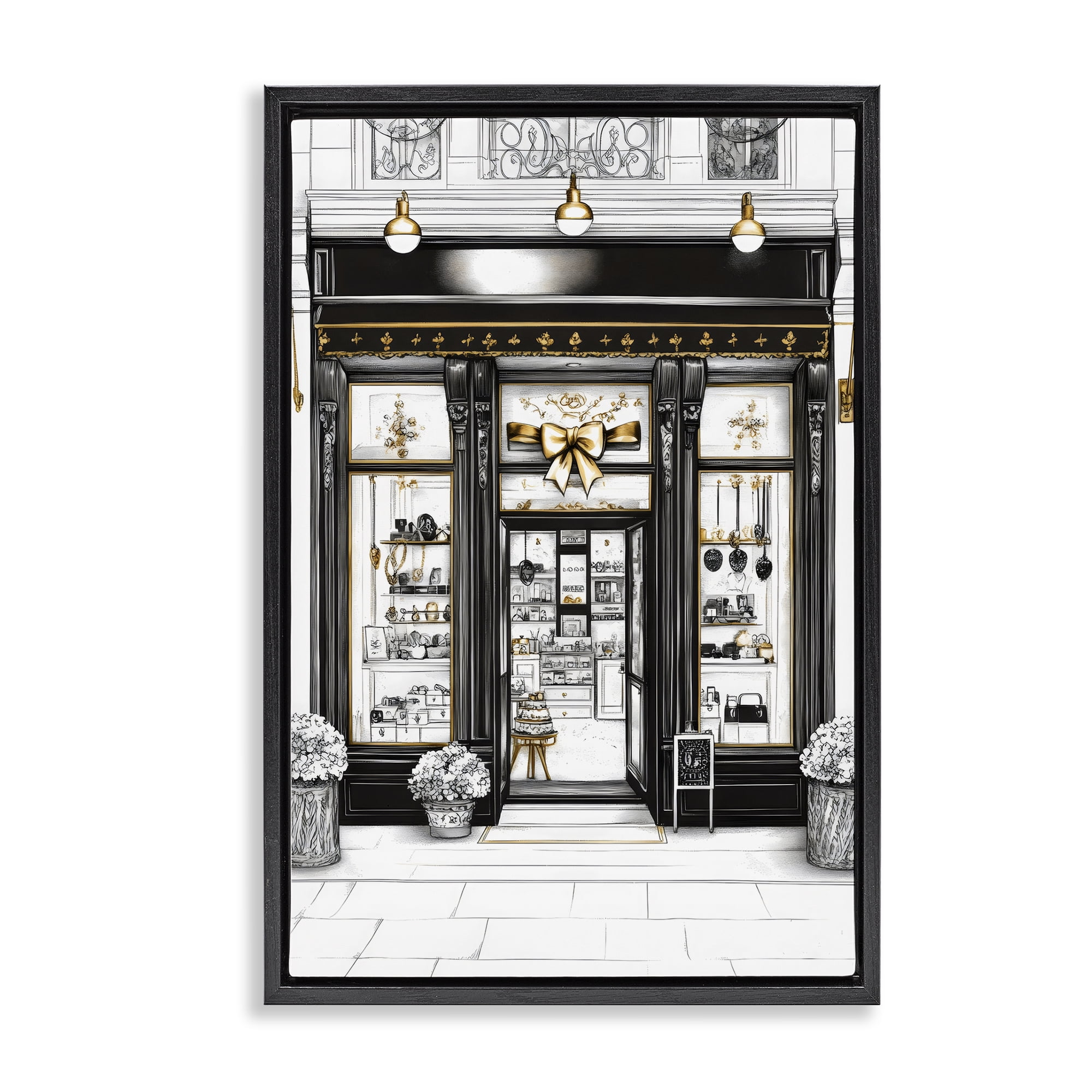 Stupell Industries Glam Paris Shop Facade Black Framed Floater Canvas Wall Art, design by Petal Prints Design