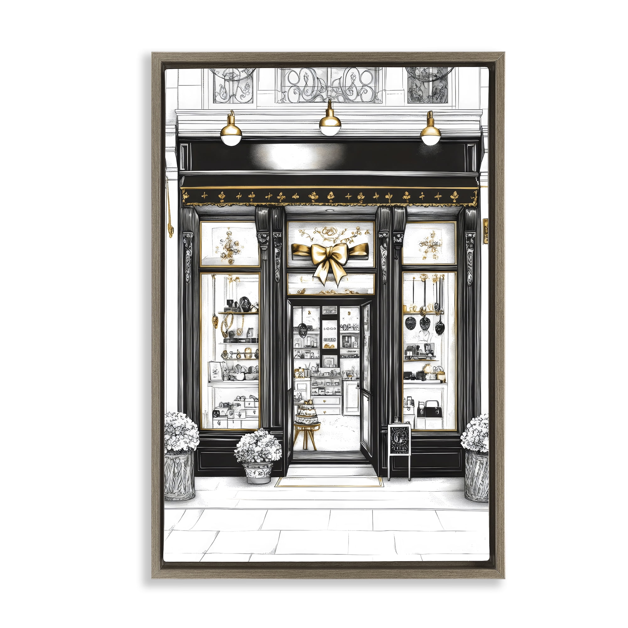 Stupell Industries Glam Paris Shop Facade Brown Framed Floater Canvas Wall Art, design by Petal Prints Design