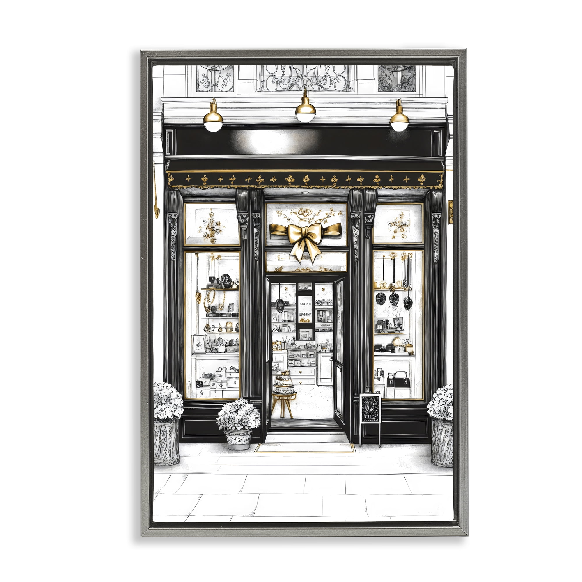Stupell Industries Glam Paris Shop Facade Gray Framed Floater Canvas Wall Art, design by Petal Prints Design