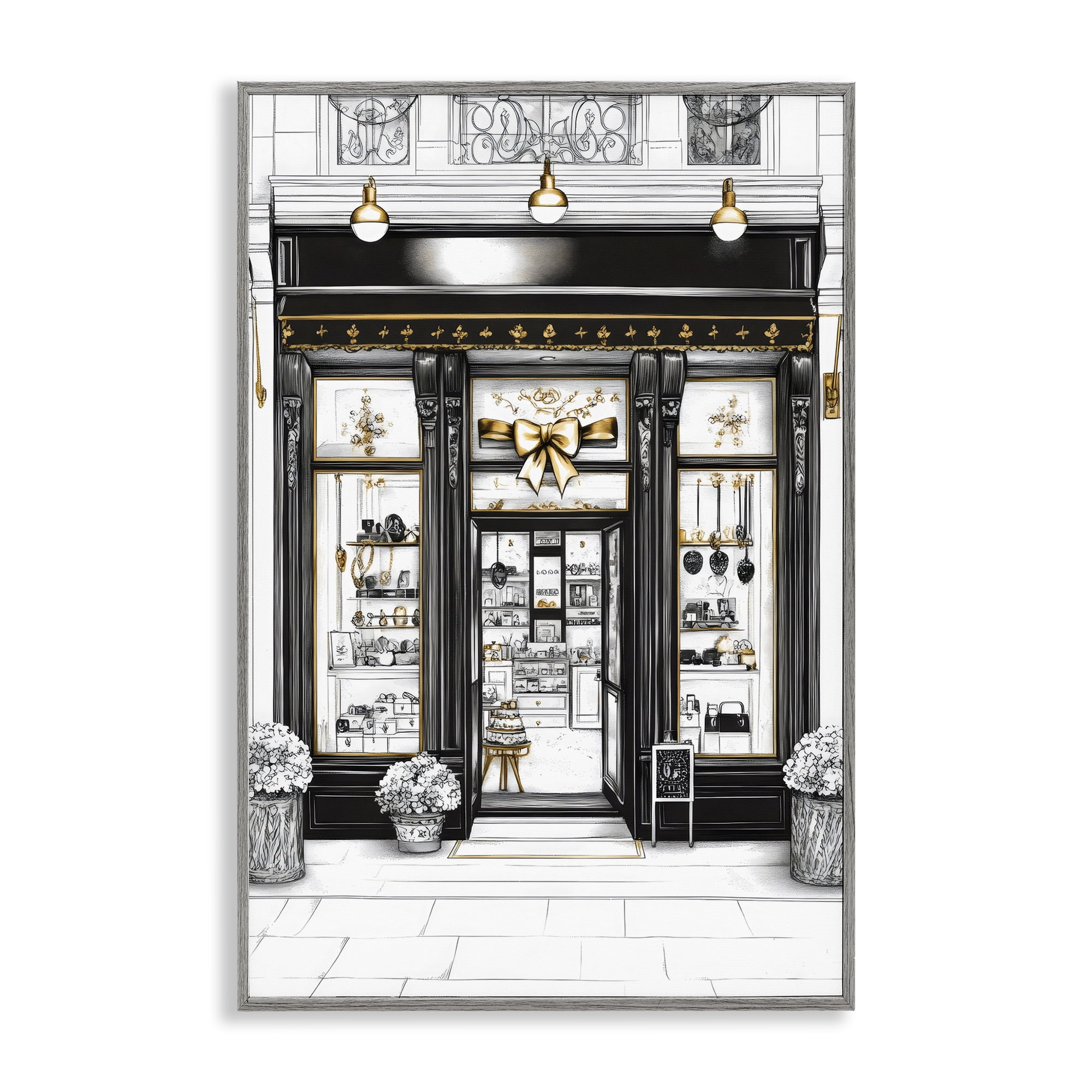 Stupell Industries Glam Paris Shop Facade Gray Framed Giclee Art, design by Petal Prints Design