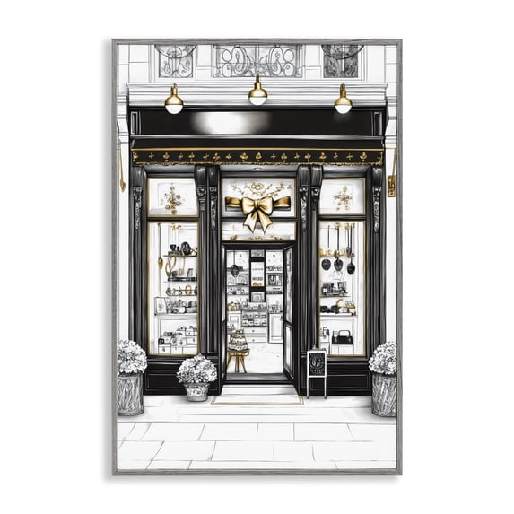 Stupell Industries Art Deco Glam Paris Shop Facade Gray Framed Giclee Art, 16 x 24, by Petals Prints Design