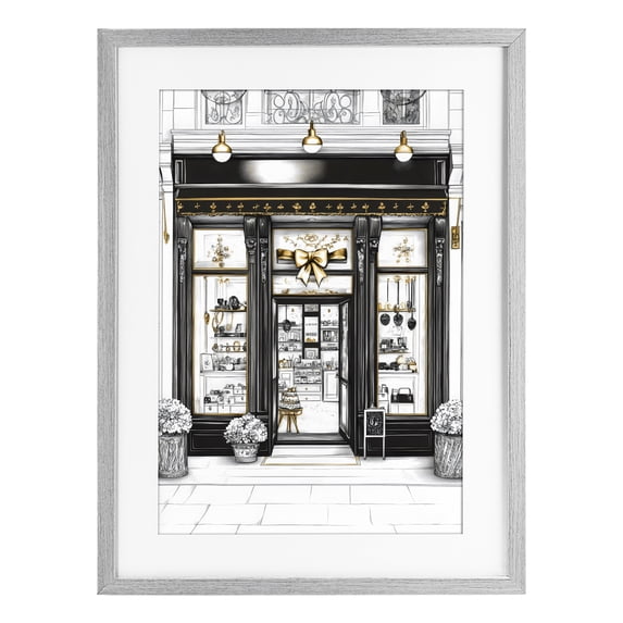 Stupell Industries Art Deco Glam Paris Shop Facade Gray Framed Print Under Glass, 14 x 20, by Petals Prints Design