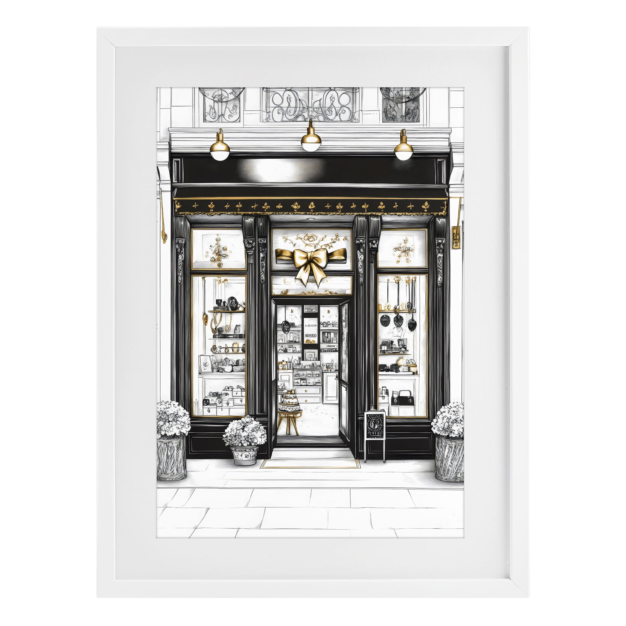 Stupell Industries Glam Paris Shop Facade White Framed Print Under Glass, design by Petal Prints Design