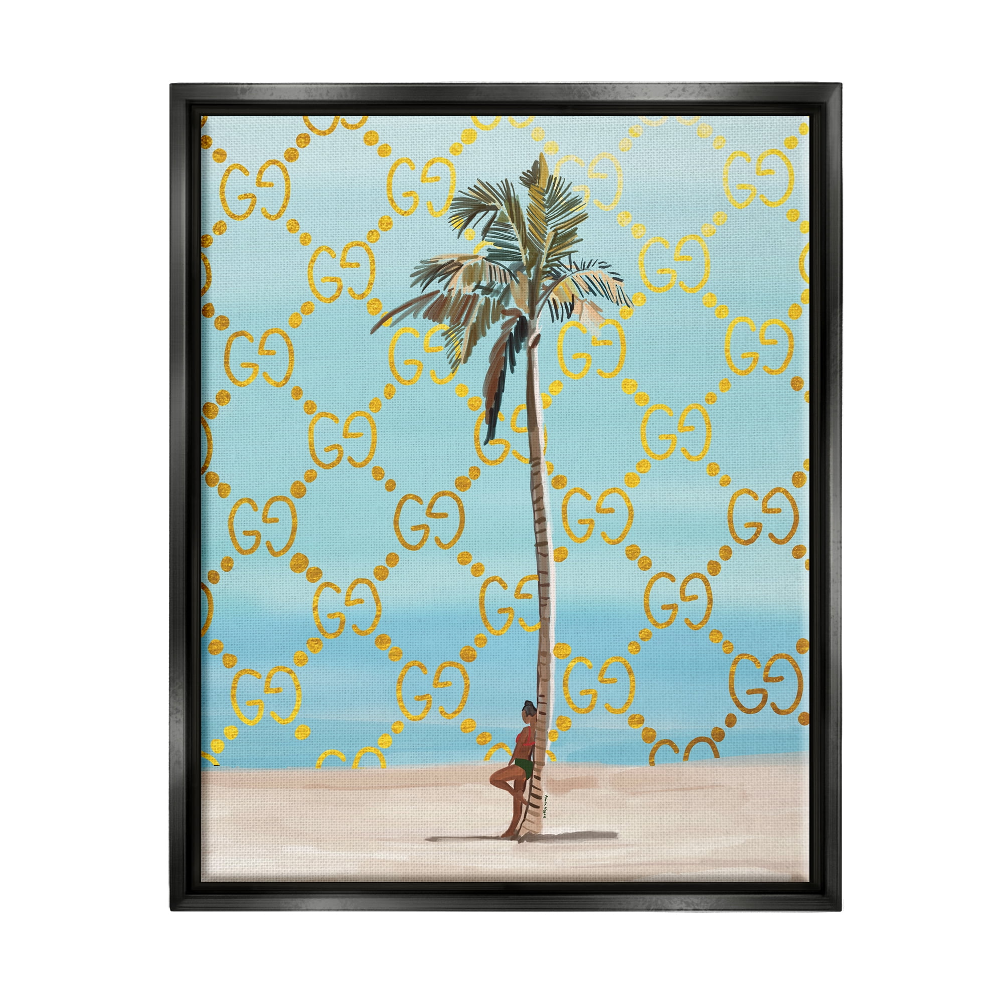 Stupell Industries Glam Pattern Palm Tree Botanical & Floral Painting Black Floater Framed Canvas Art Print Wall Art, 17 x 21