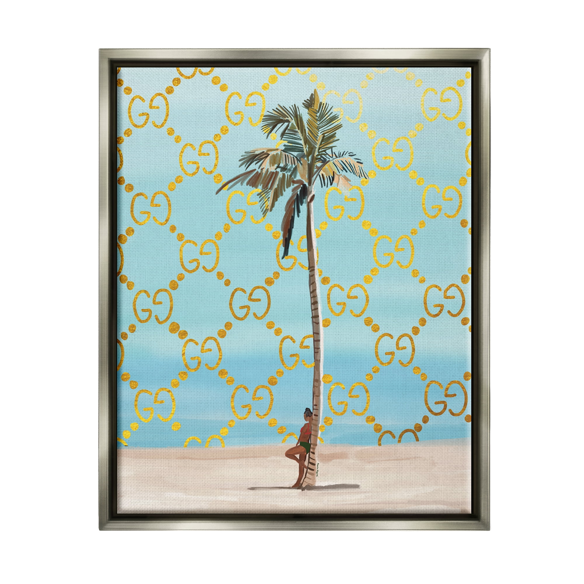 Stupell Industries Glam Pattern Palm Tree Botanical & Floral Painting Gray Floater Framed Canvas Art Print Wall Art, 25 x 31