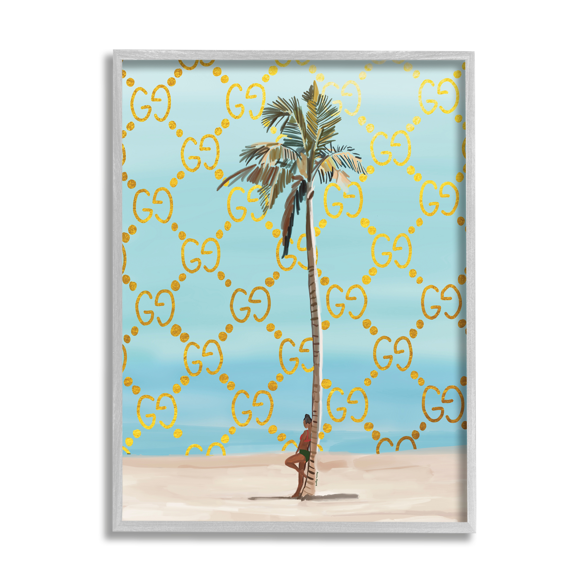 Stupell Industries Glam Pattern Palm Tree Botanical & Floral Painting Gray Framed Art Print Wall Art, 24 x 30
