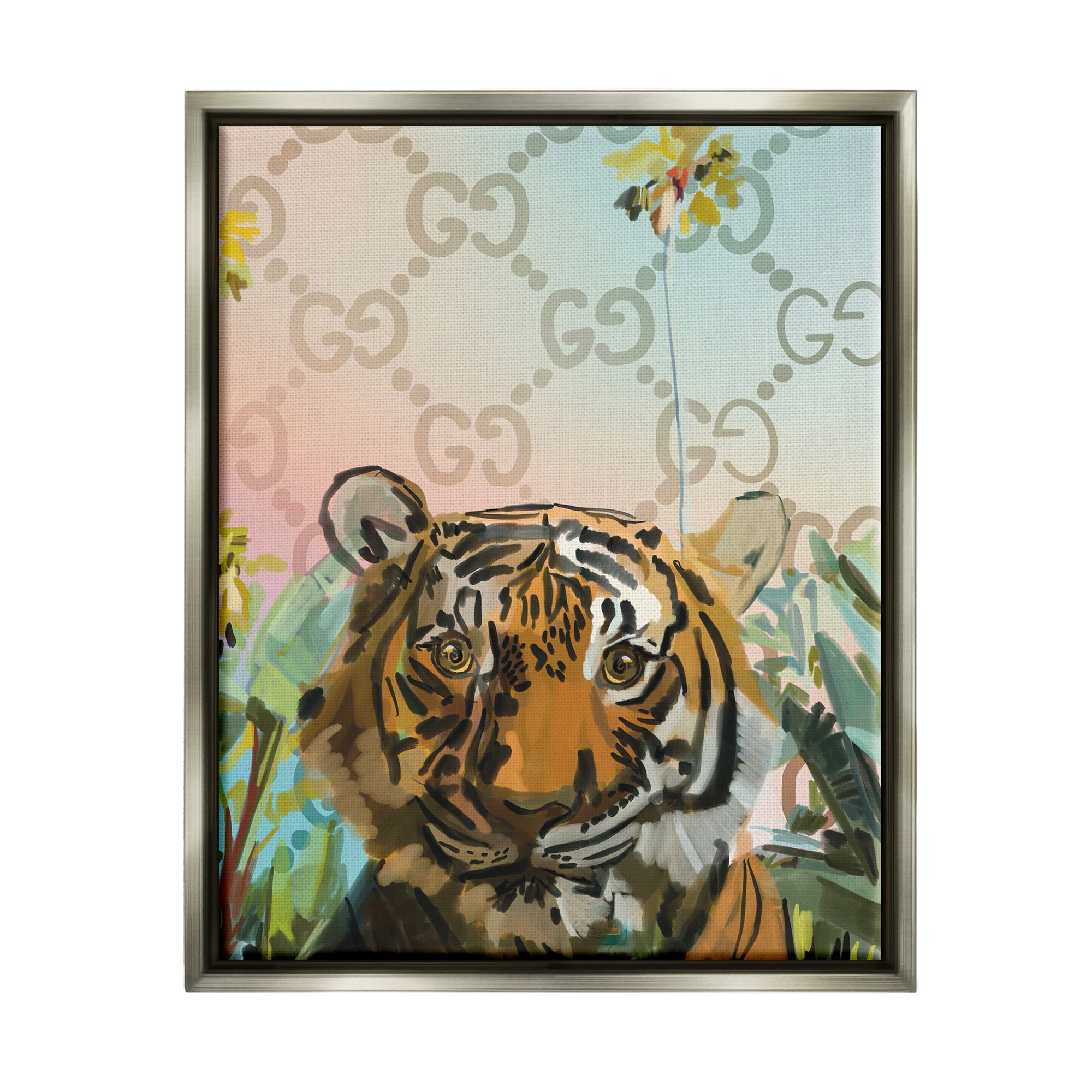 Stupell Industries Glam Pattern Tiger Animals & Insects Painting Gray Floater Framed Art Print Wall Art, 25 x 31