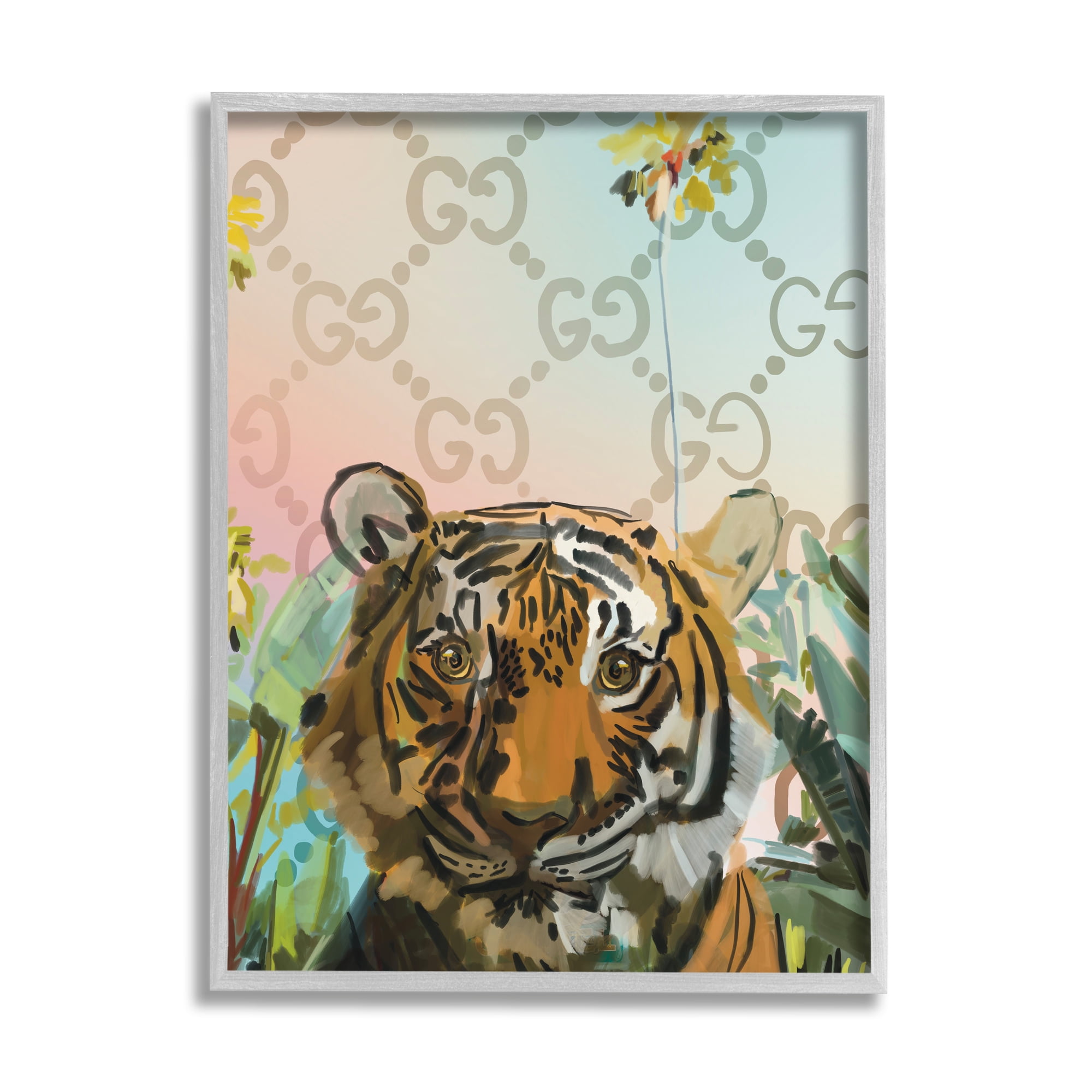 Stupell Industries Glam Pattern Tiger Animals & Insects Painting Gray Framed Art Print Wall Art, 16 x 20