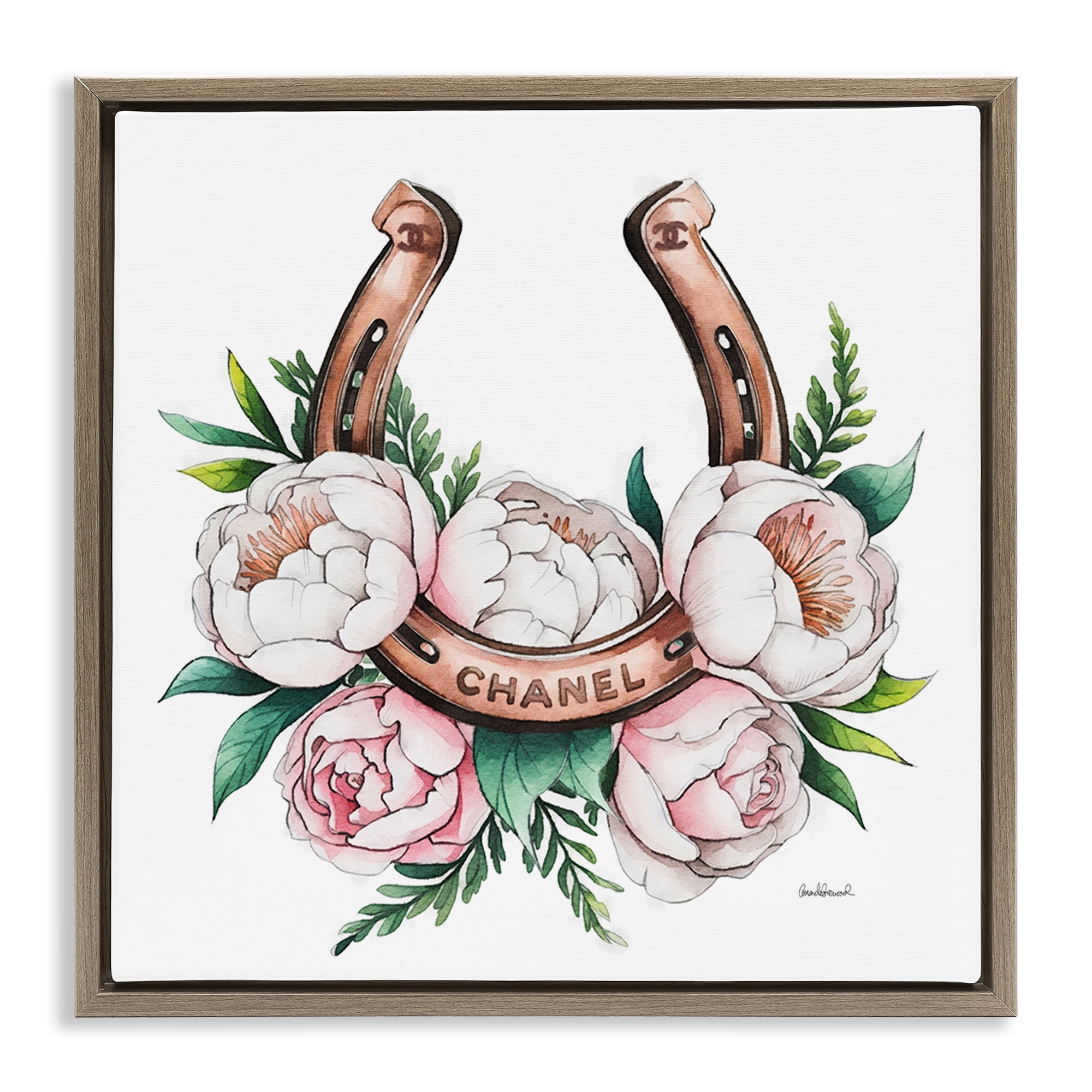 Stupell Industries Glam Peonies & Horseshoe Plants & Flowers Painting Brown Floater Framed Canvas Art Print Wall Art, 18 x 18