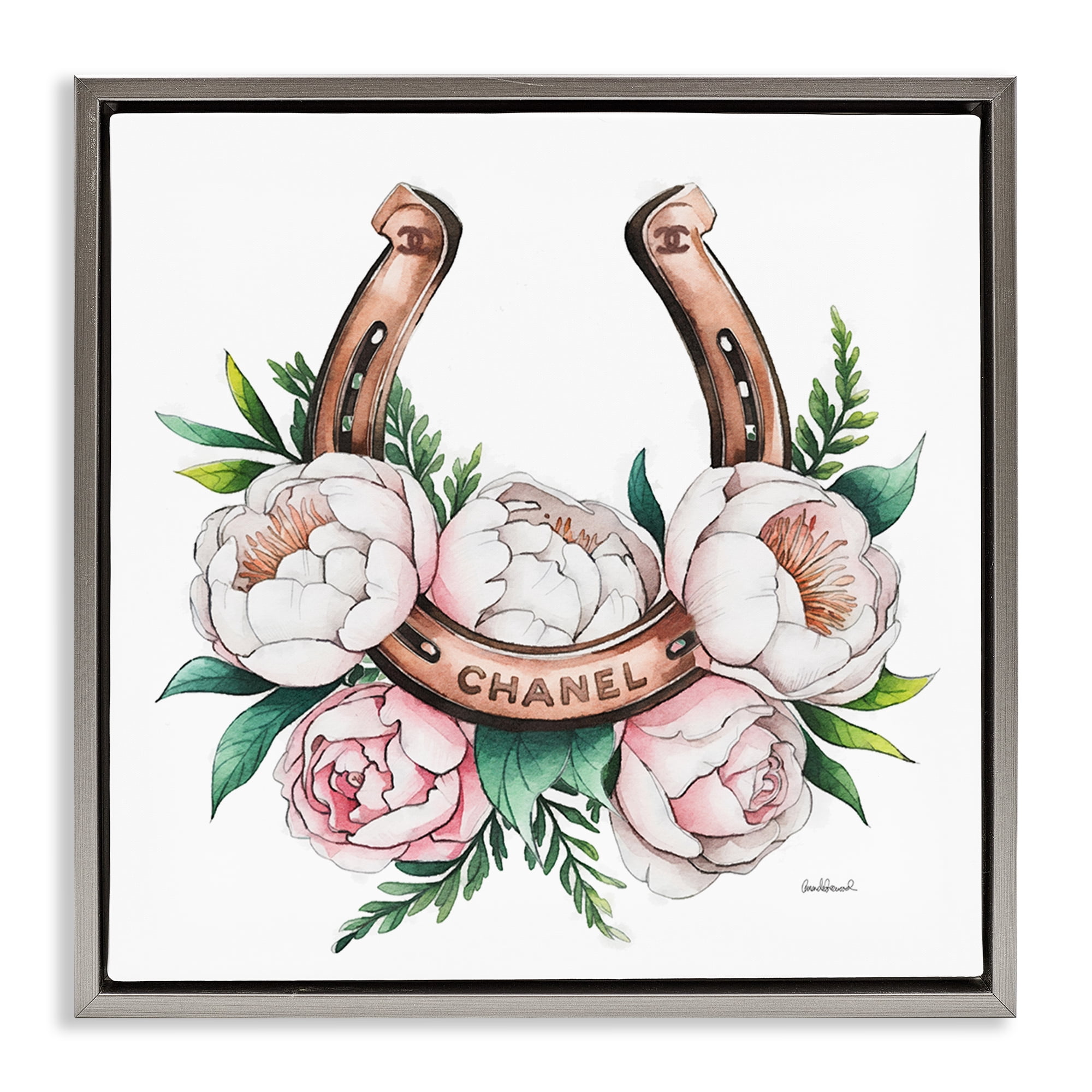 Stupell Industries Glam Peonies & Horseshoe Plants & Flowers Painting Gray Floater Framed Canvas Art Print Wall Art, 25 x 25