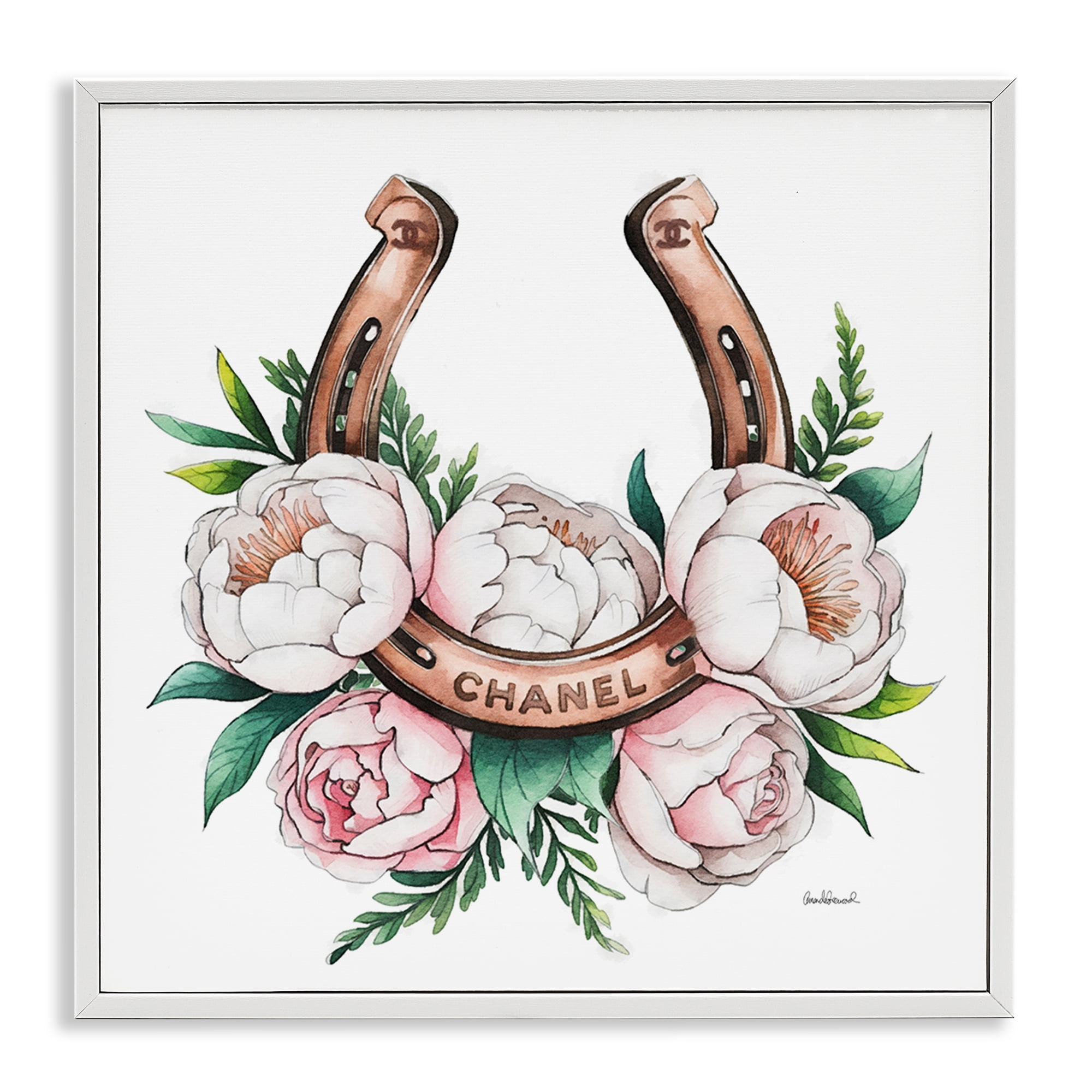 Stupell Industries Glam Peonies & Horseshoe Plants & Flowers Painting White Framed Art Print Wall Art, 17 x 17