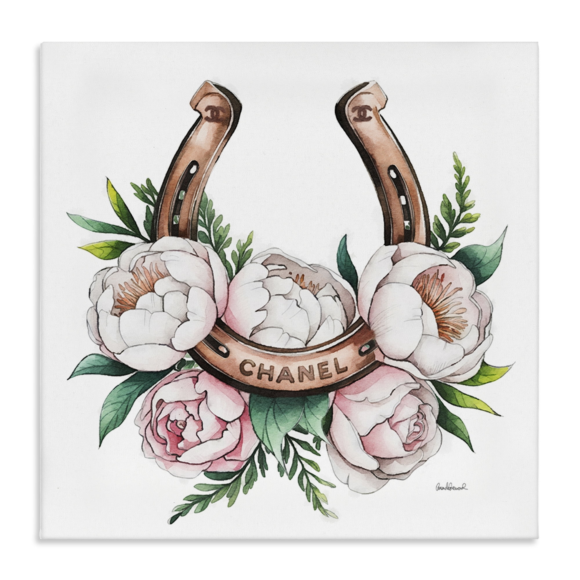 Stupell Industries Glam Peonies & Horseshoe Plants & Flowers Painting Wrapped Canvas Art Print Wall Art, 17 x 17