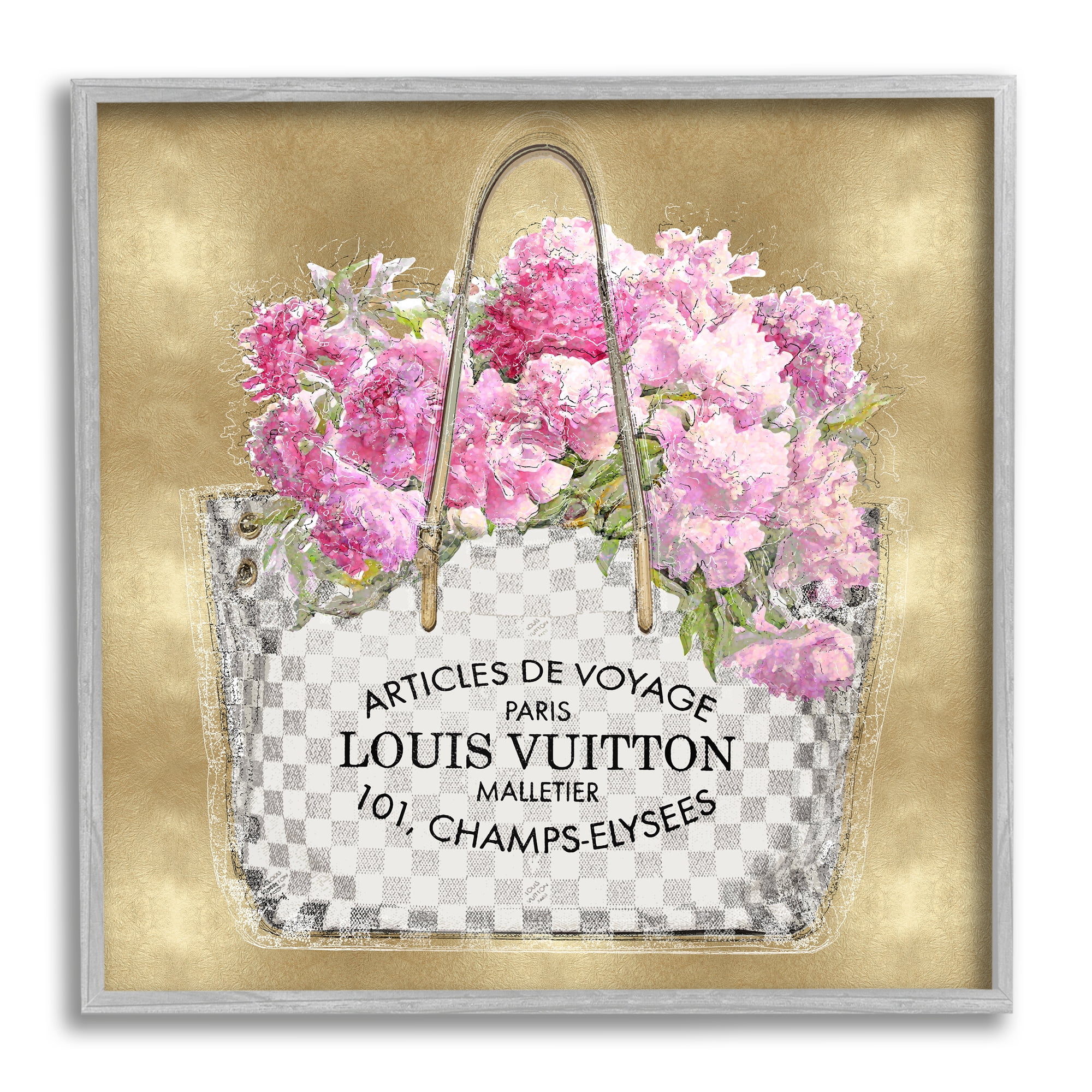 Stupell Industries Glam Peony Purse Botanical & Floral Painting Gray Framed Art Print Wall Art, 12 x 12