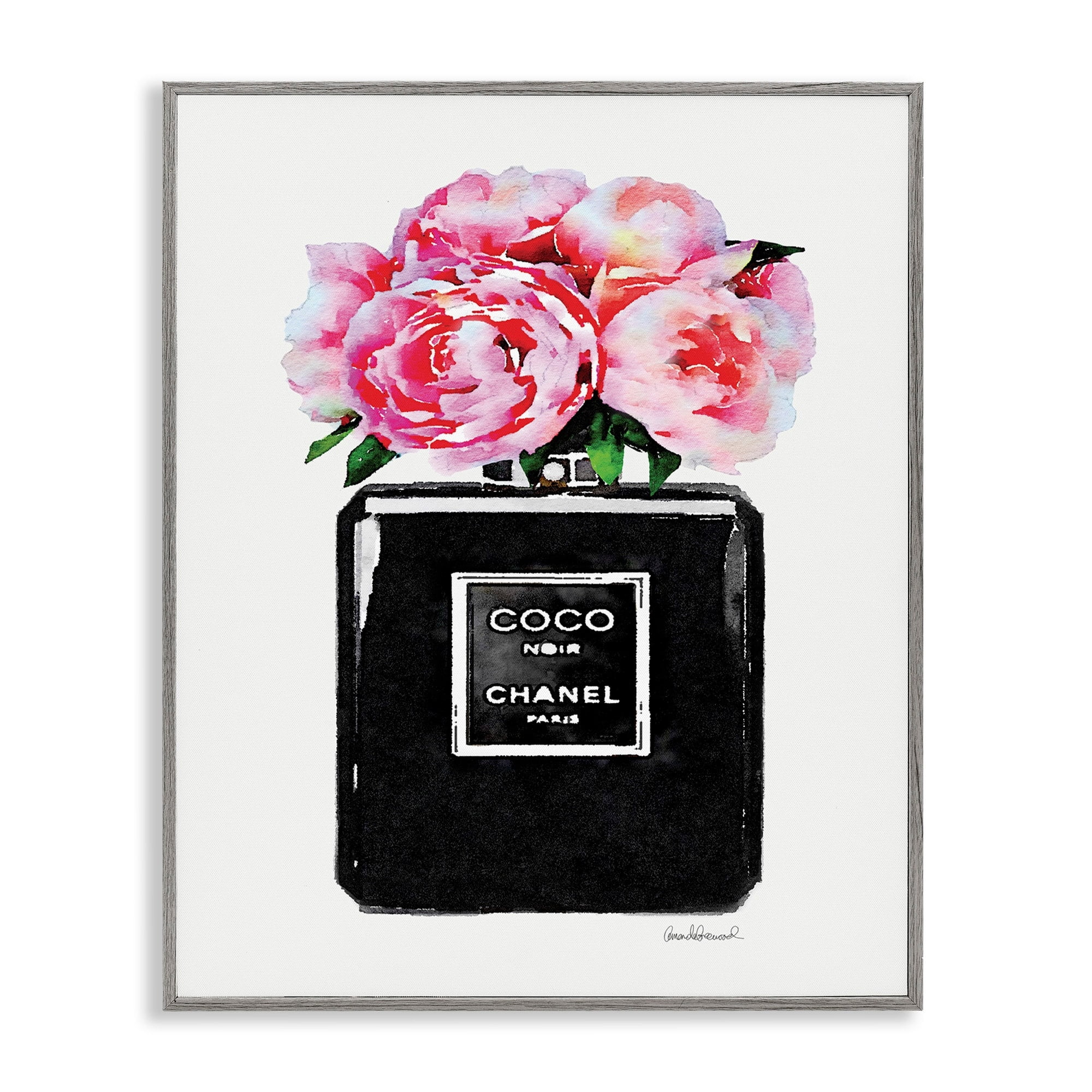 Stupell Industries Glam Perfume Bottle Flower Black Peony Pink Framed Wall Art by Amanda Greenwood