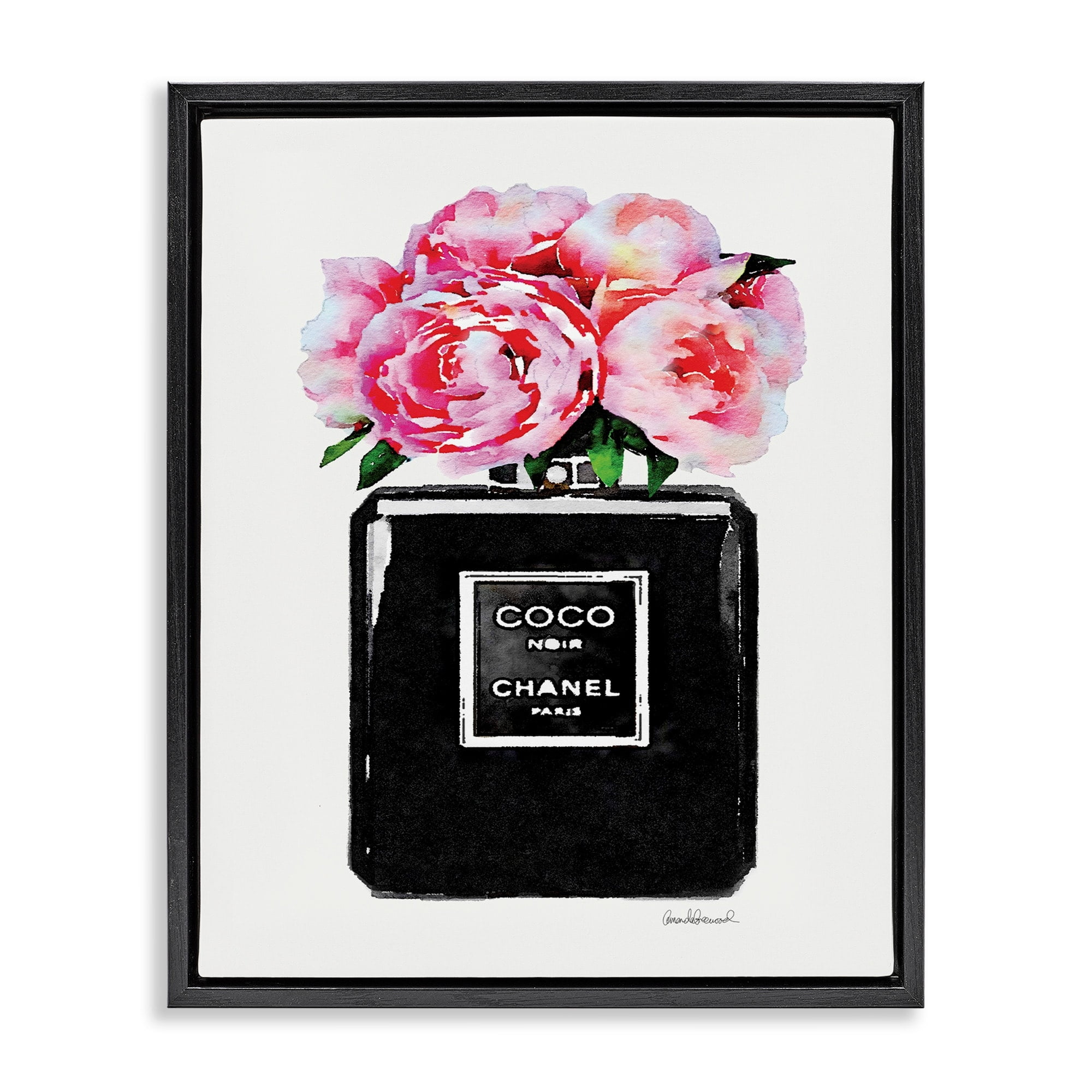 Stupell Industries Glam Perfume Bottle Flower Black Peony Pink Jet Black Framed Floating Canvas Wall Art, 16x20, by Amanda Greenwood