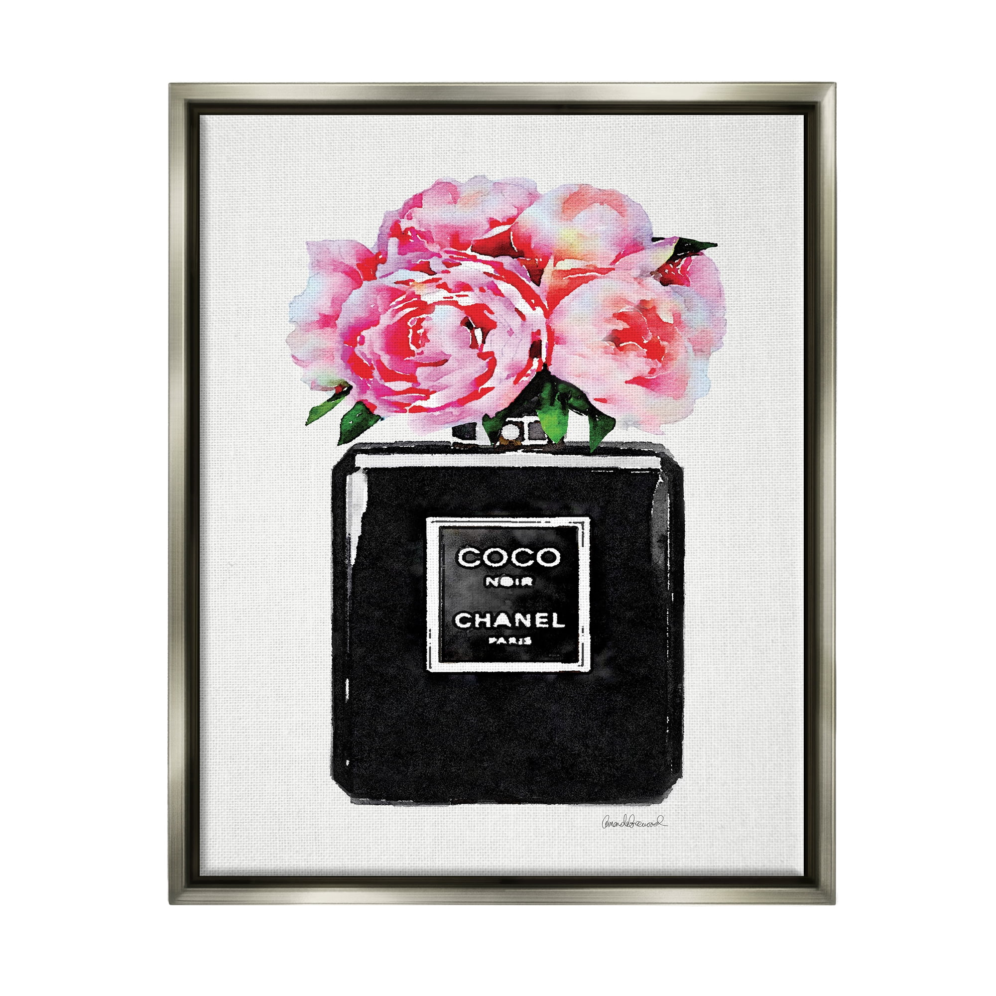 Stupell Industries Glam Perfume Bottle Flower Black Peony Pink Luster Gray Framed Floating Canvas Wall Art, 24x30, by Amanda Greenwood
