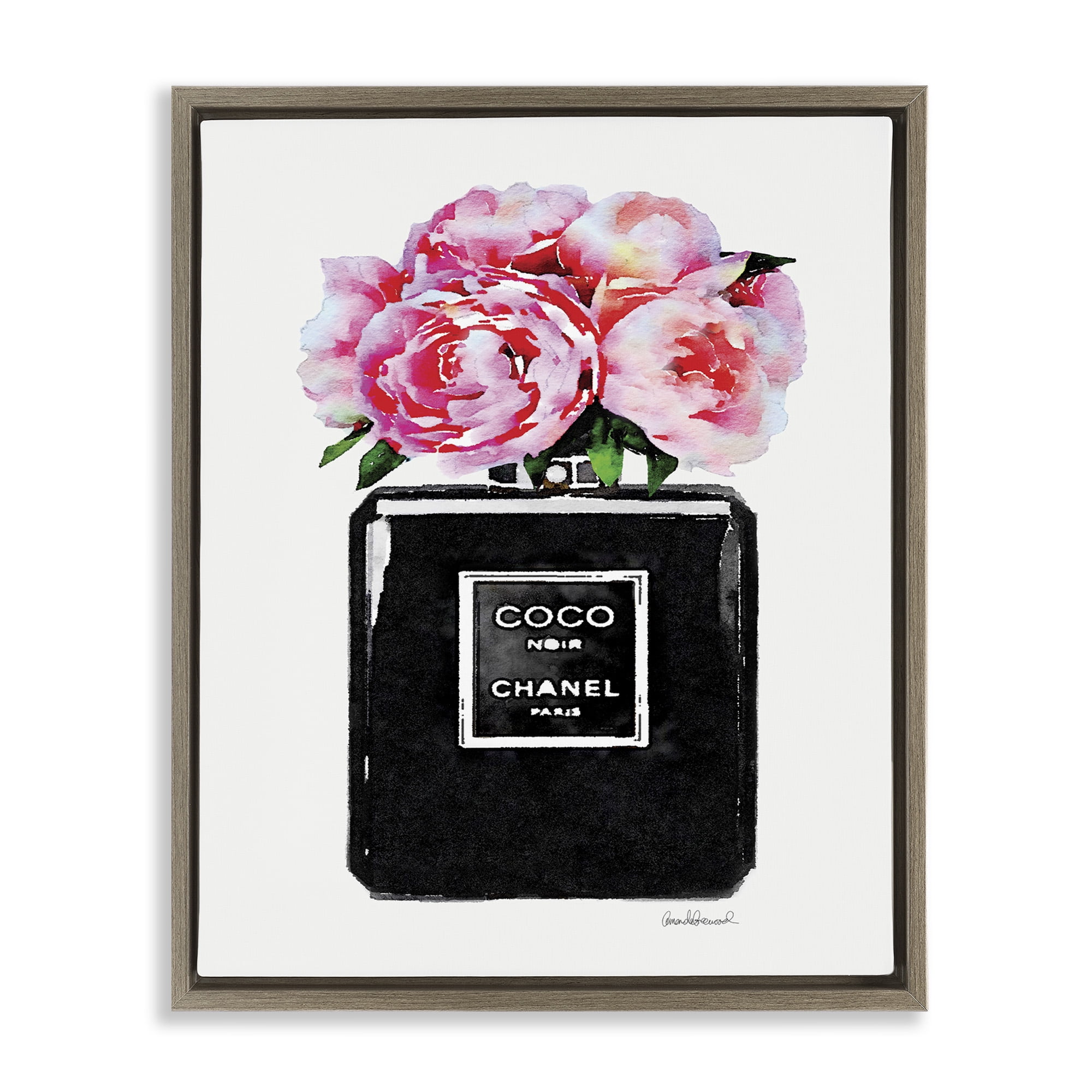 Stupell Industries Glam Perfume Bottle Flowers Beauty & Fashion Painting Brown Floater Framed Canvas Art Print Wall Art, 25 x 31