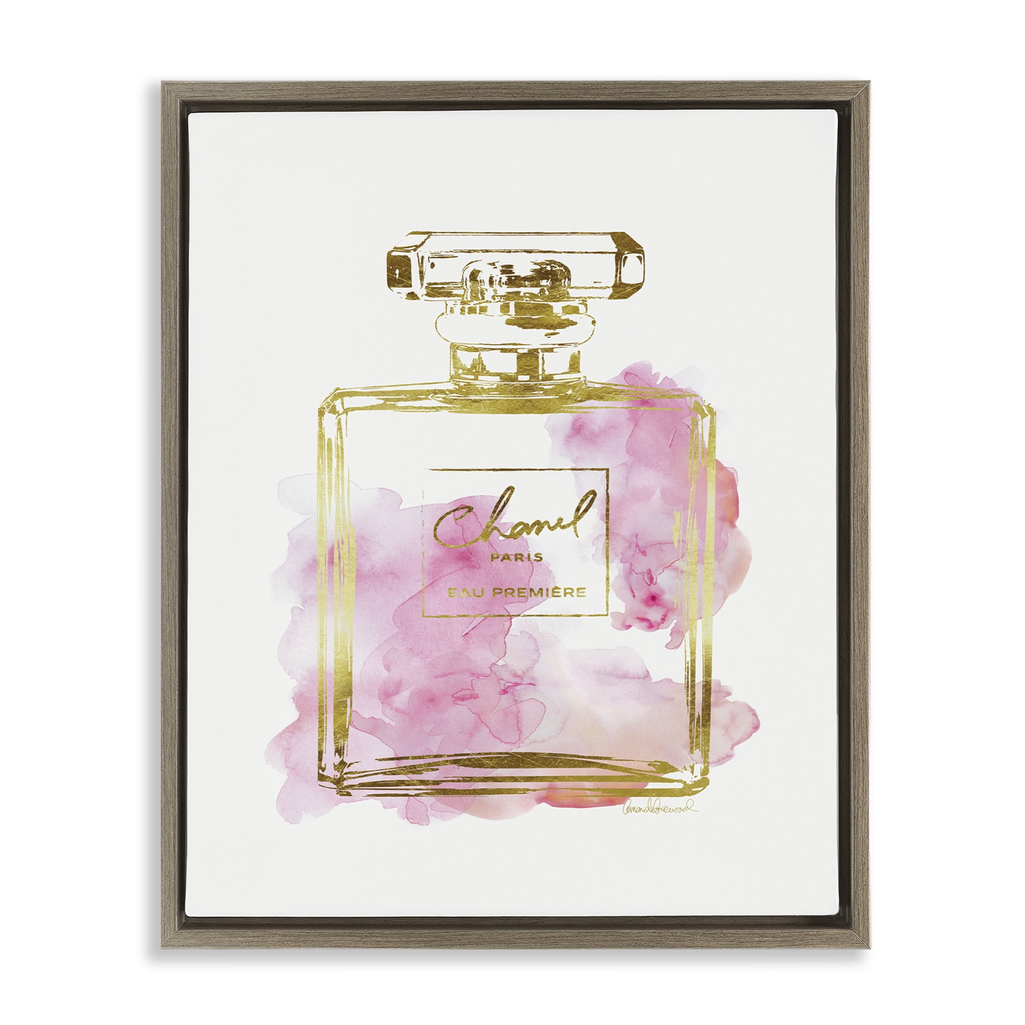 Stupell Industries Glam Perfume Bottle Gold Pink Beauty & Fashion Painting Brown Floater Framed Canvas Art Print Wall Art, 17 x 21