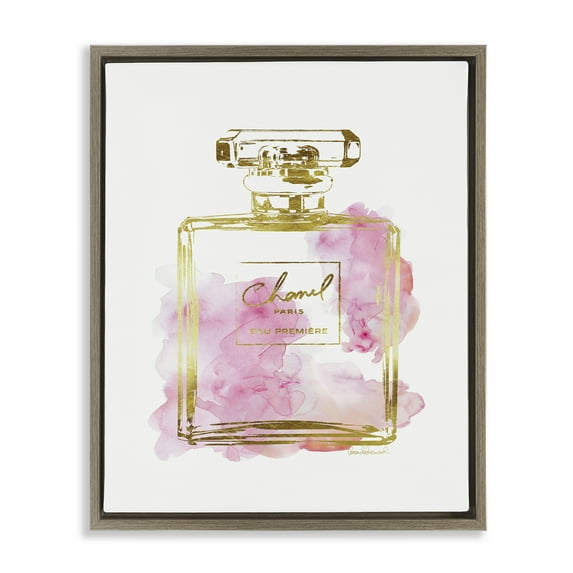 Stupell Industries Glam Perfume Bottle Gold Pink Beauty & Fashion Painting Brown Floater Framed Canvas Art Print Wall Art, 25 x 31