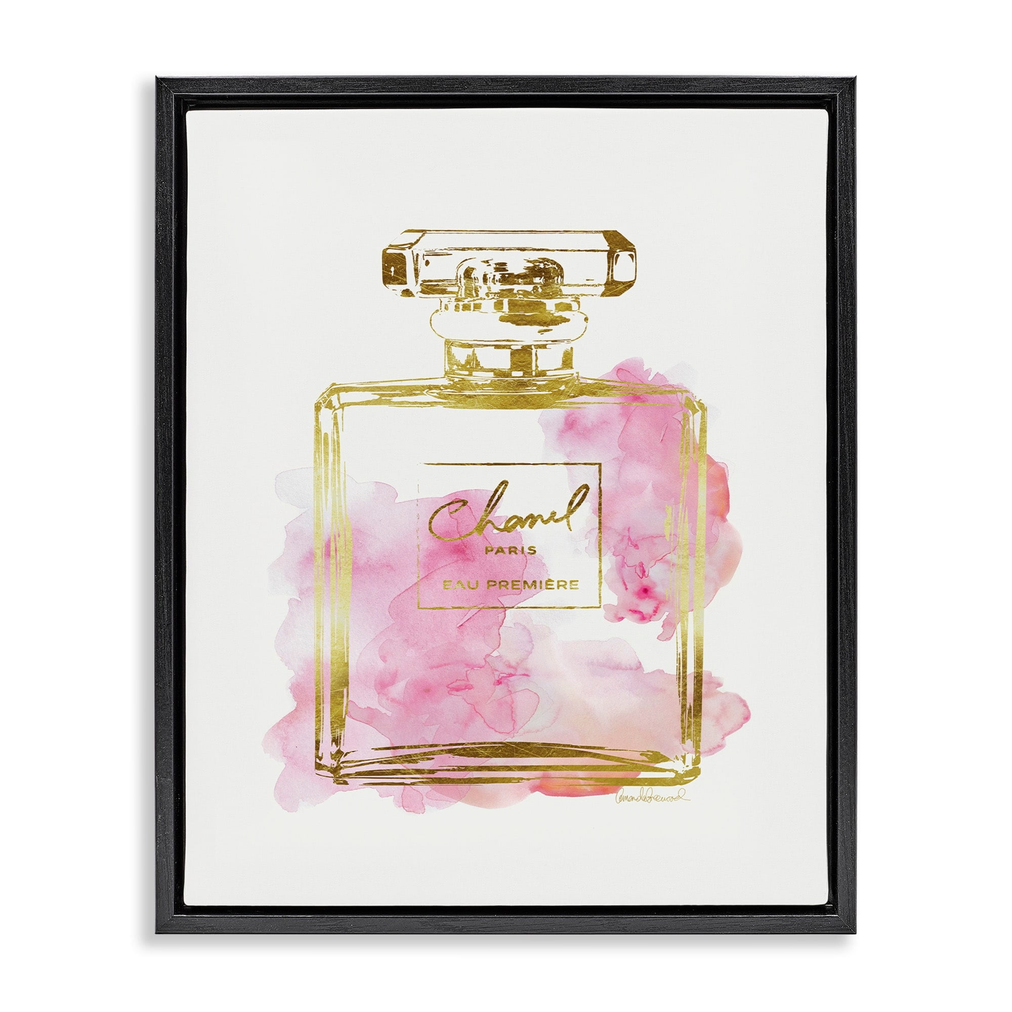 Glam Gold and Pink Perfume Bottle Canvas Print with Black Frame