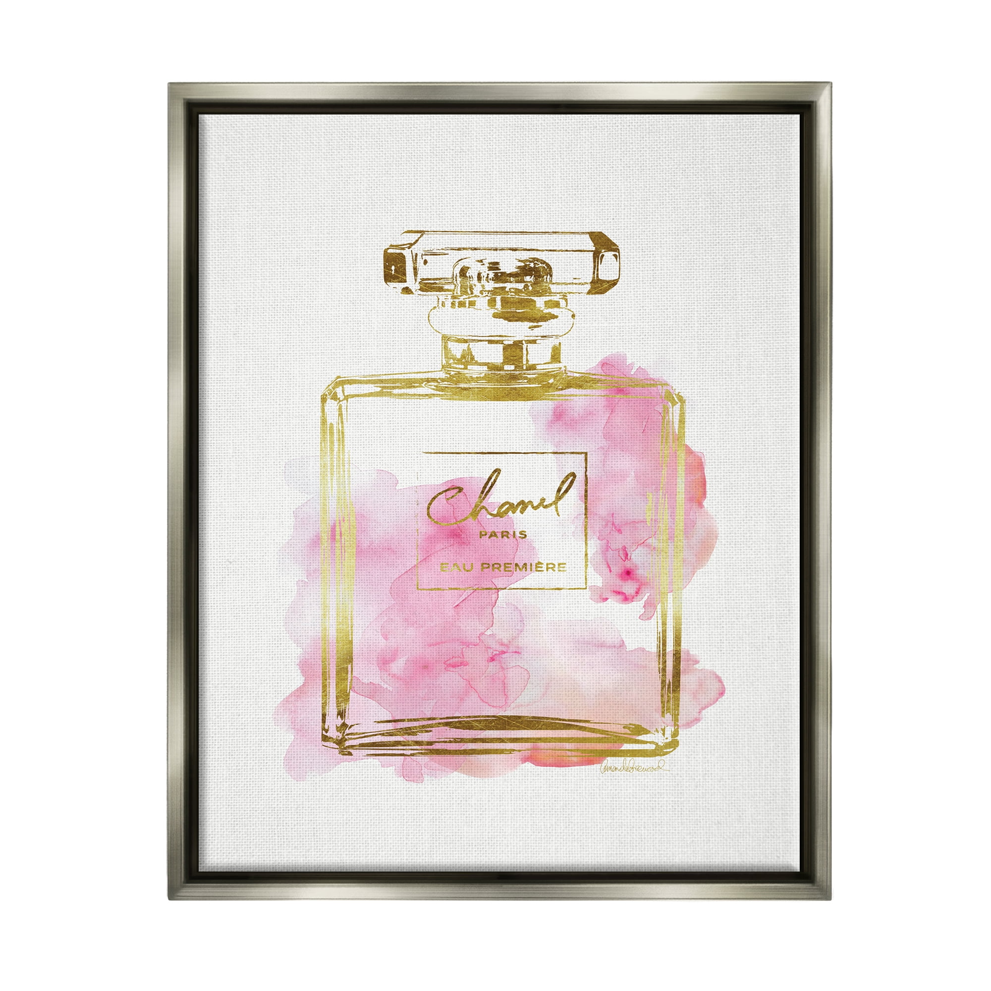 Stupell Industries Glam Perfume Bottle Gold Pink Luster Gray Framed Floating Canvas Wall Art, 24x30, by Amanda Greenwood