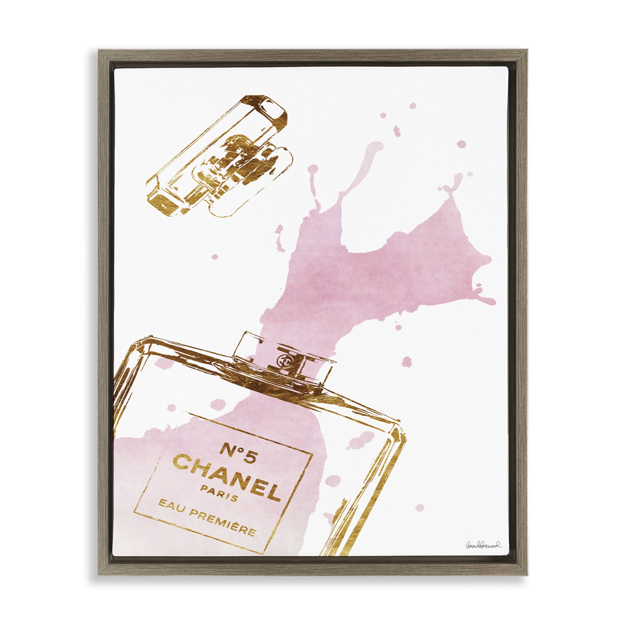 Stupell Industries Glam Perfume Bottle Splash Pink Gold Beauty & Fashion Painting Brown Floater Framed Canvas Art Print Wall Art, 17 x 21