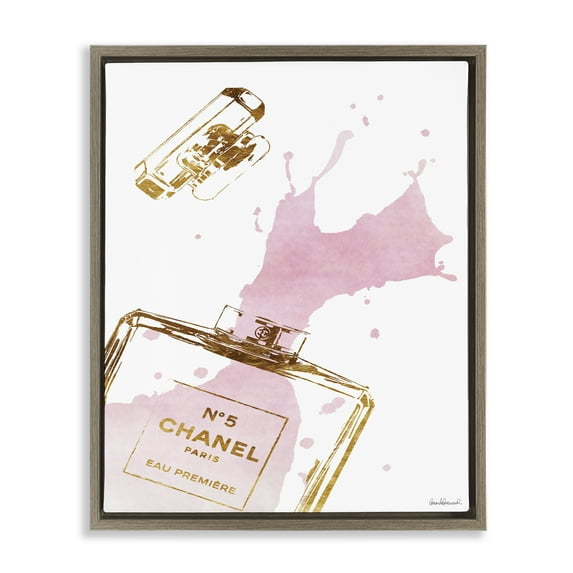 Stupell Industries Glam Perfume Bottle Splash Pink Gold Beauty & Fashion Painting Brown Floater Framed Canvas Art Print Wall Art, 17 x 21