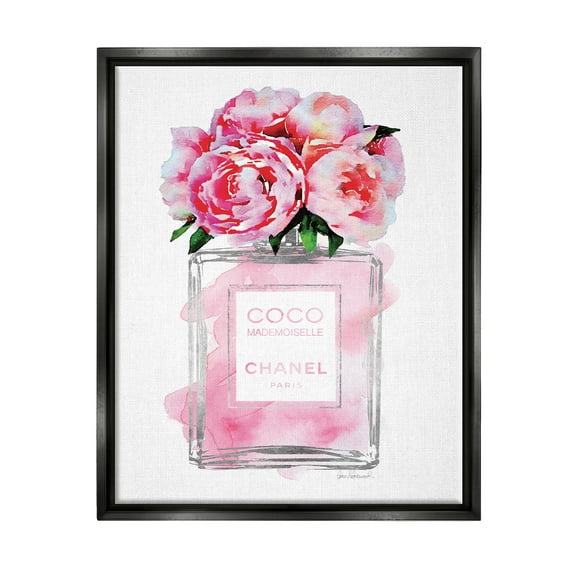 Stupell Industries Glam Perfume Bottle V2 Flower Silver Pink Peony Jet Black Framed Floating Canvas Wall Art, 24x30, by Amanda Greenwood