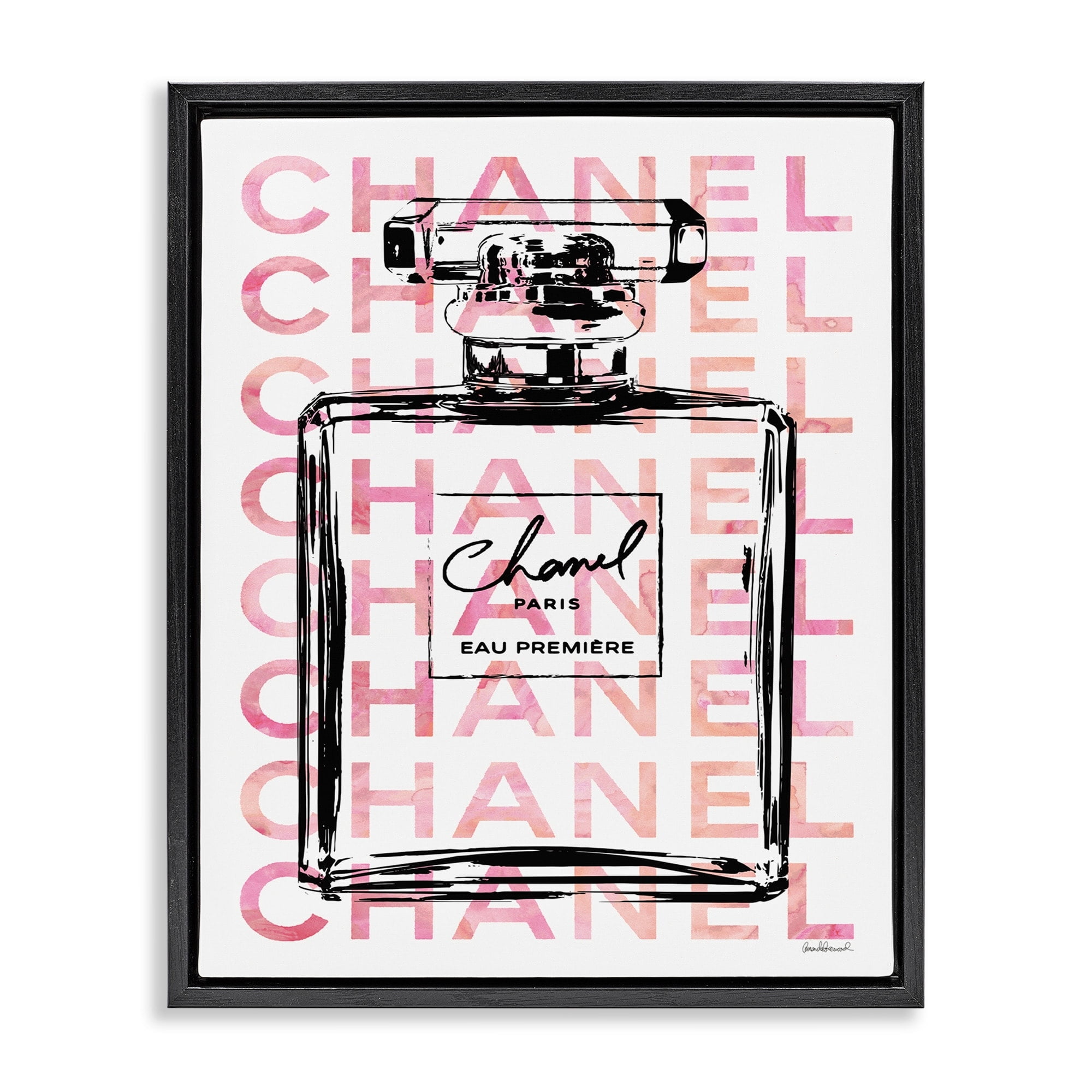 Stupell Industries Glam Perfume Bottle With Words Pink Black Jet Black Framed Floating Canvas Wall Art, 16x20, by Amanda Greenwood