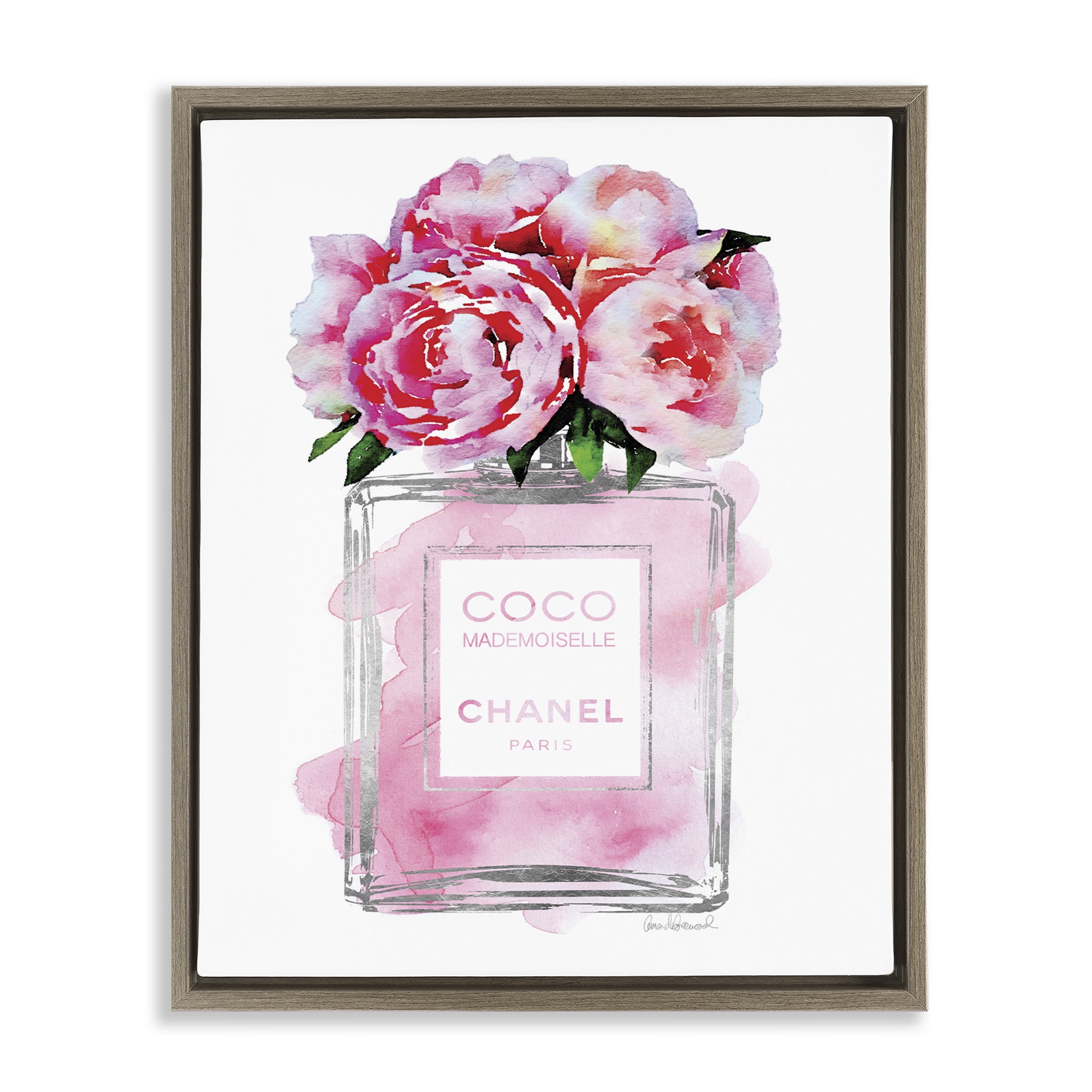 Stupell Industries Glam Perfume Bottle with Roses Beauty & Fashion Painting Brown Floater Framed Canvas Art Print Wall Art, 25 x 31