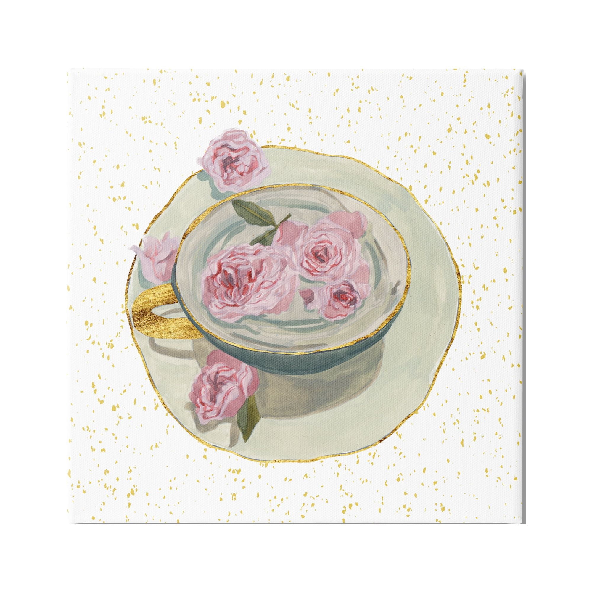 Stupell Industries Glam Petals Teacup Food & Beverage Painting Gallery Wrapped Canvas Art Print Wall Art, 17 x 17