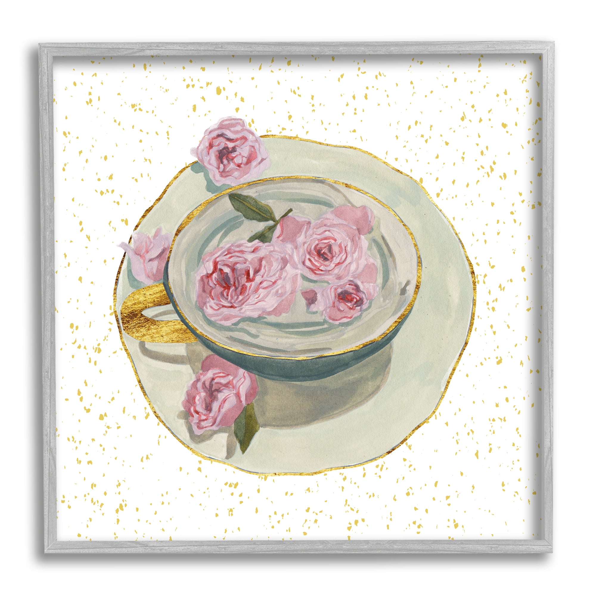 Stupell Industries Glam Petals Teacup Food & Beverage Painting Gray Framed Art Print Wall Art, 17 x 17