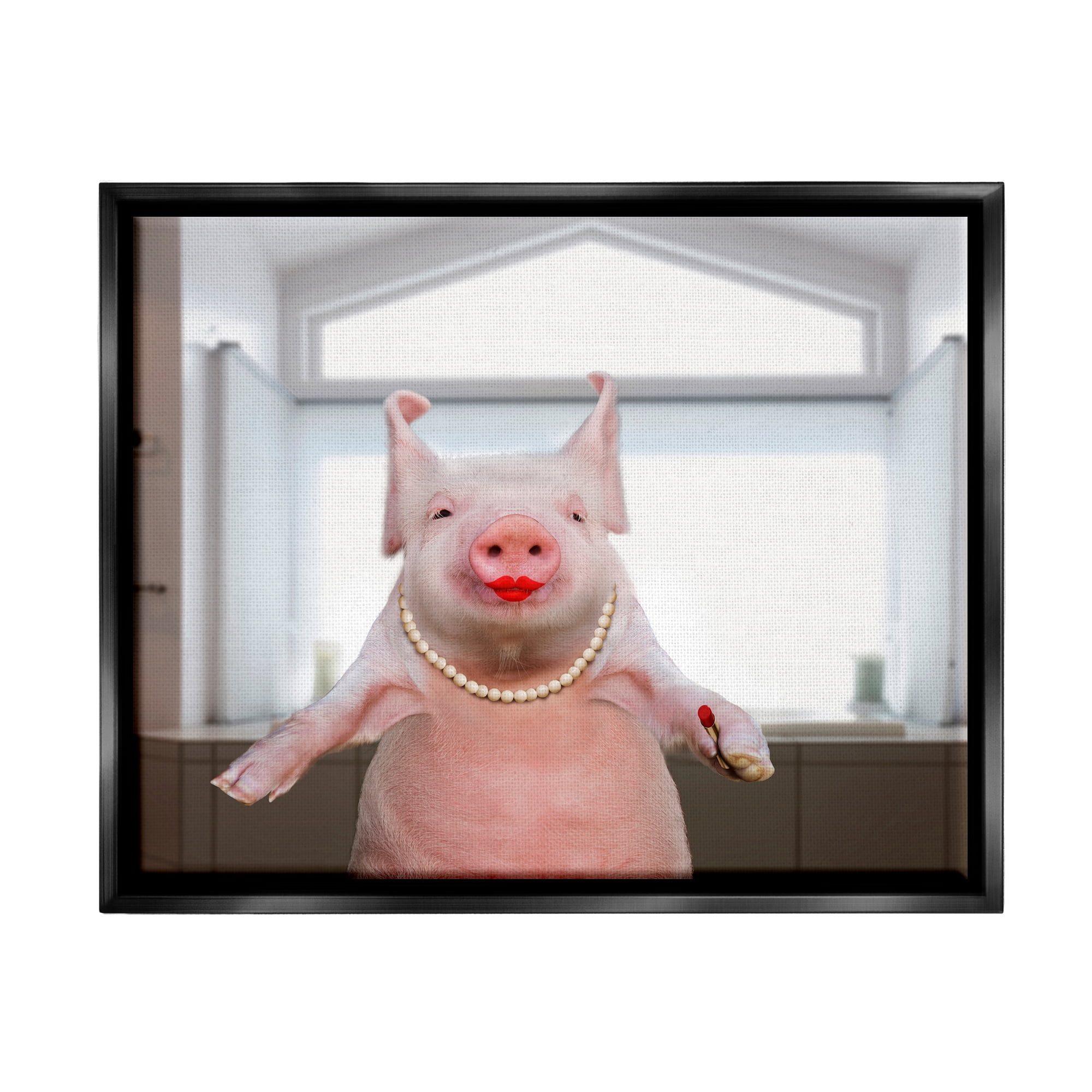 Stupell Industries Glam Pig in Lipstick Animals & Insects Painting Black Floater Framed Art Print Wall Art, 21 x 17