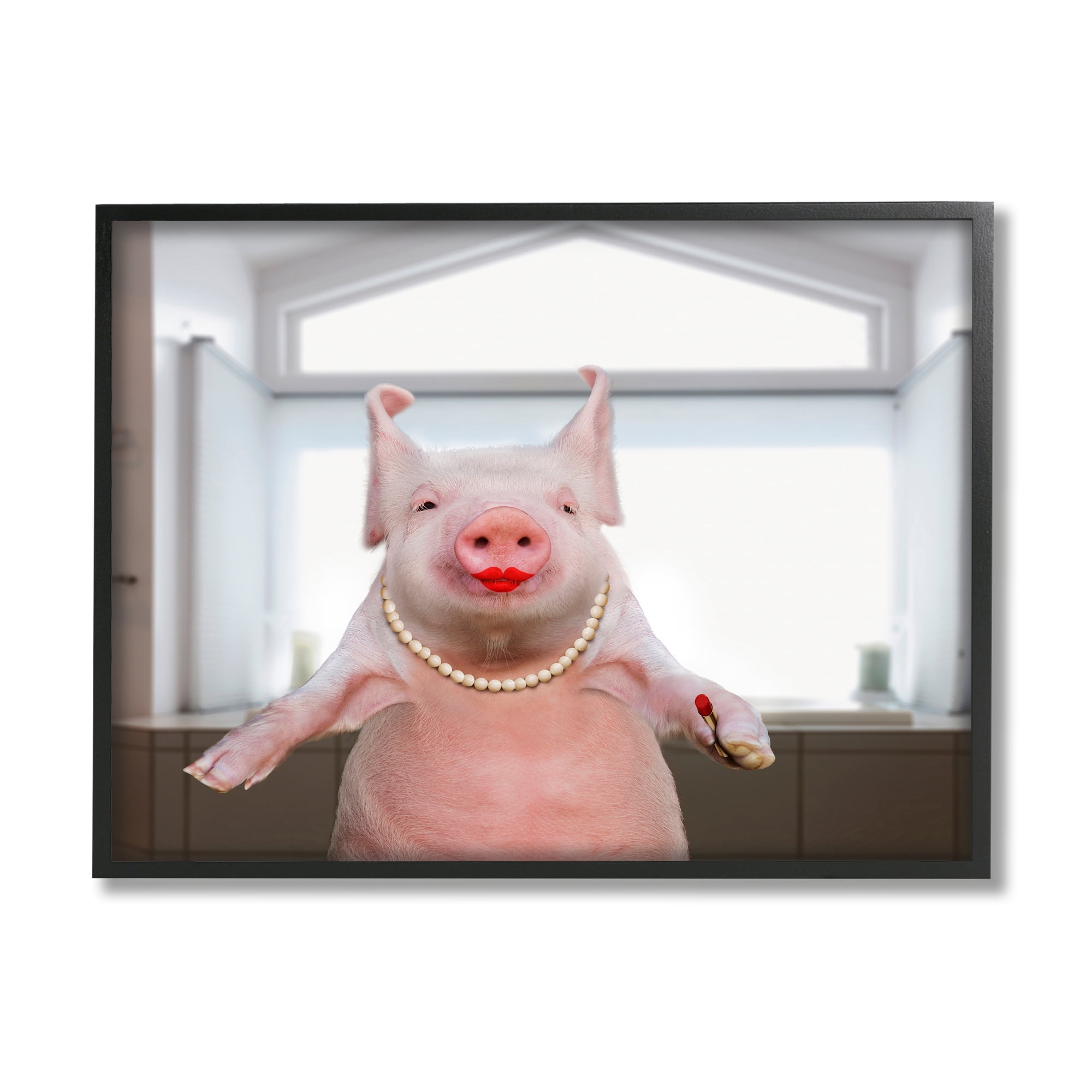 Stupell Industries Glam Pig in Lipstick Animals & Insects Painting Black Framed Art Print Wall Art, 20 x 16