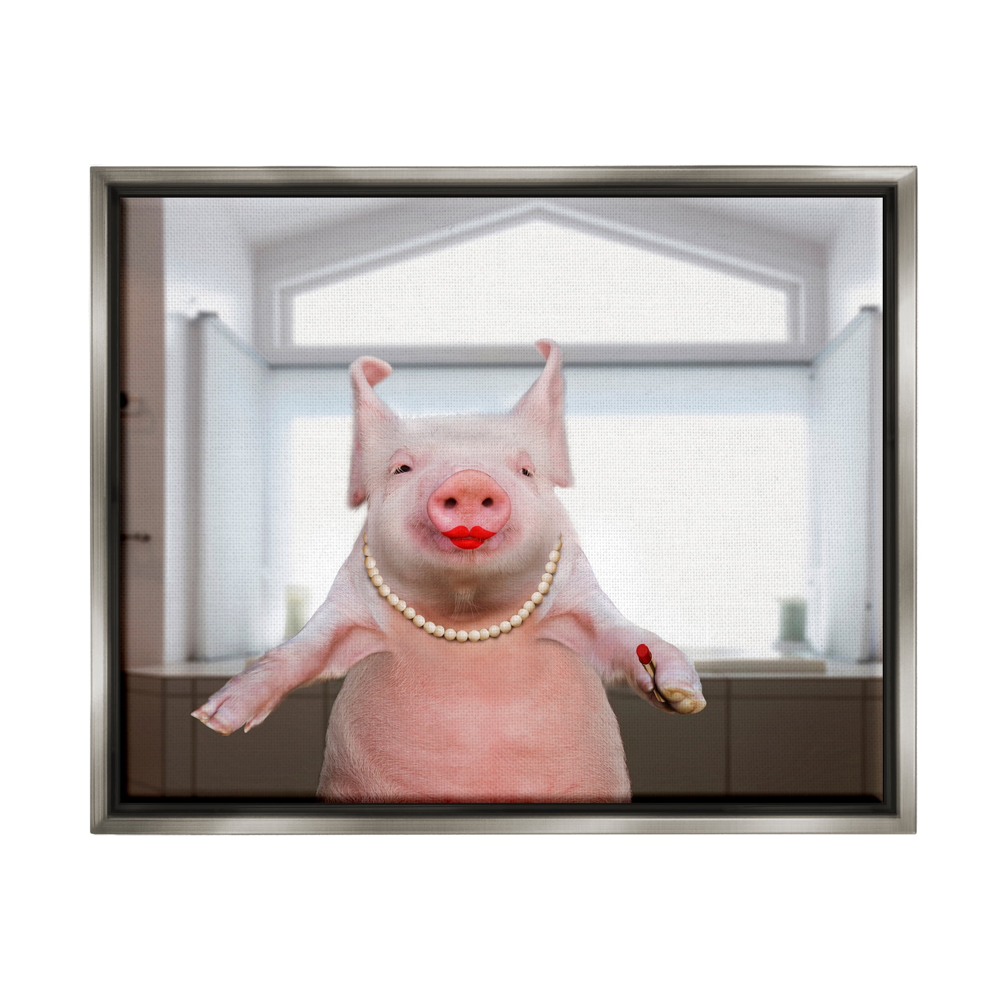 Stupell Industries Glam Pig in Lipstick Animals & Insects Painting Gray Floater Framed Art Print Wall Art, 21 x 17