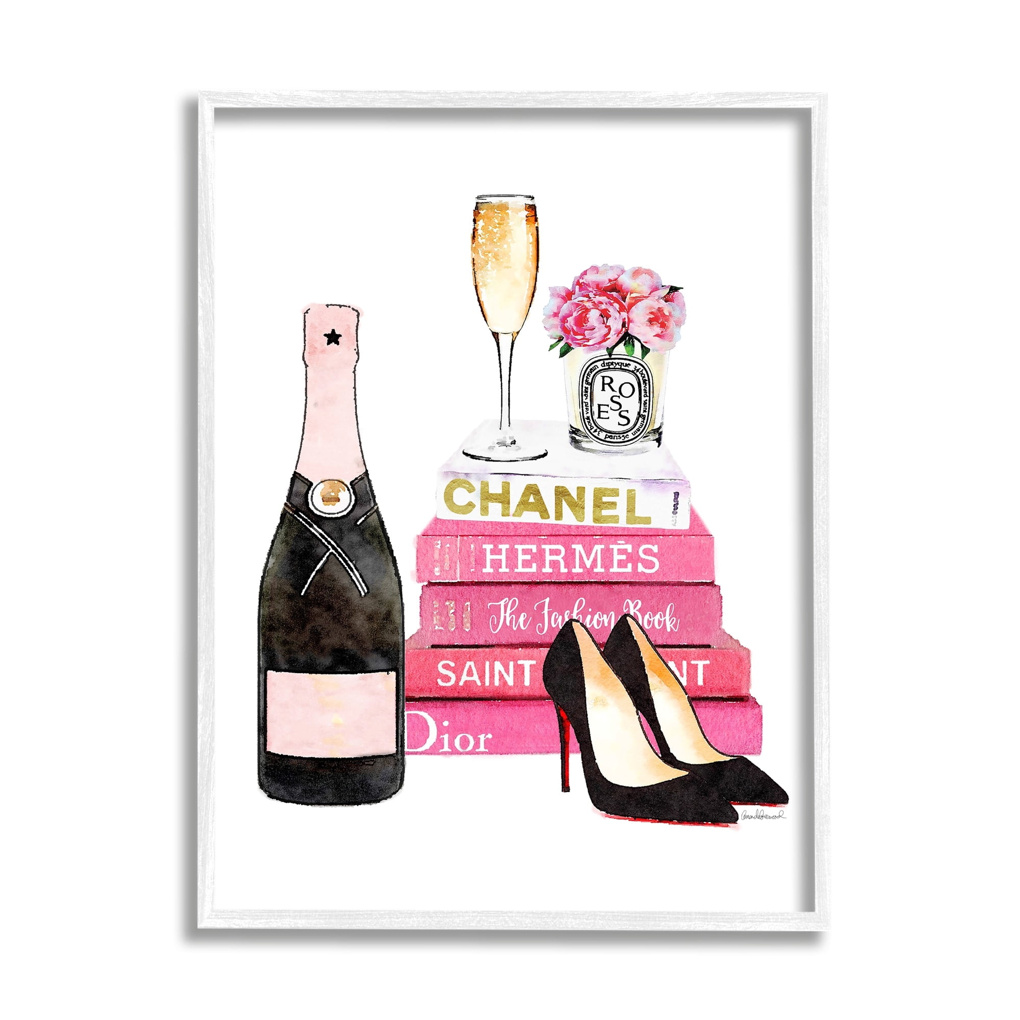 Stupell Industries Glam Pink Fashion Book Champagne Hells and Flowers Graphic Art White Framed Art Print Wall Art, 16x20, by Amanda Greenwood