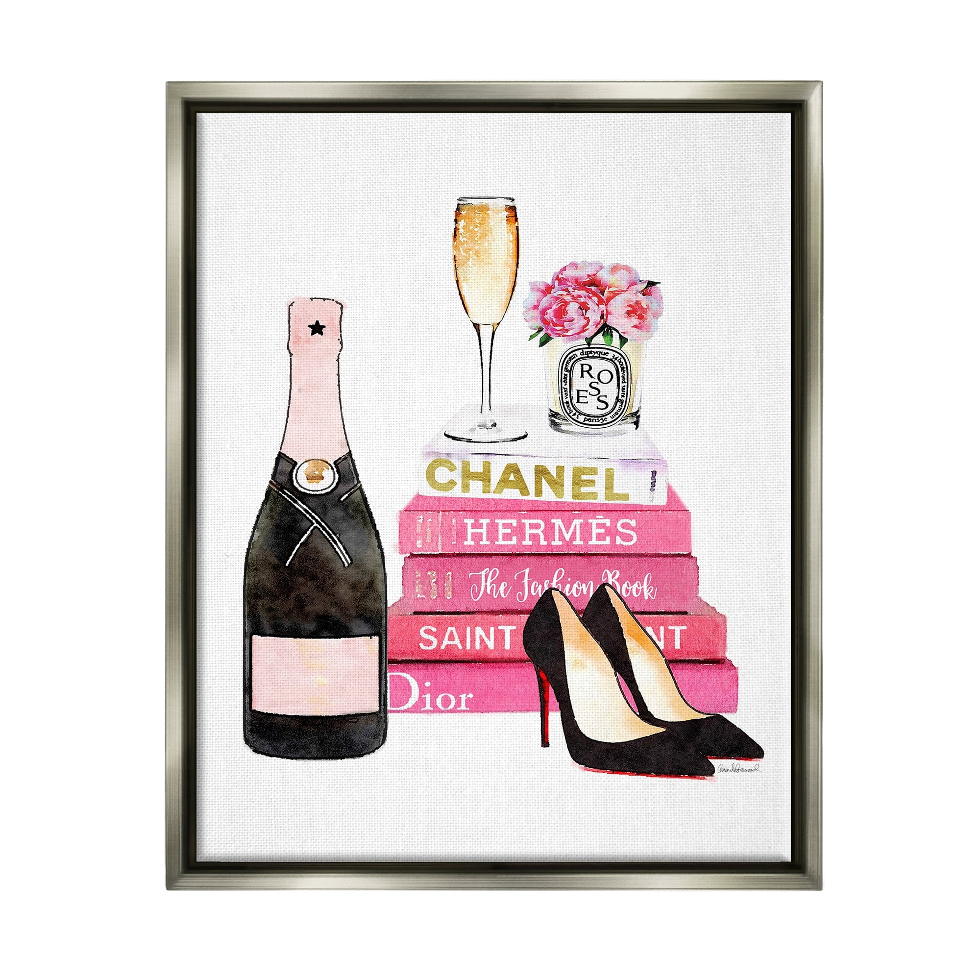 Stupell Industries Glam Pink Fashion Book Champagne Hells and Flowers Luster Gray Framed Floating Canvas Wall Art, 16x20, by Amanda Greenwood