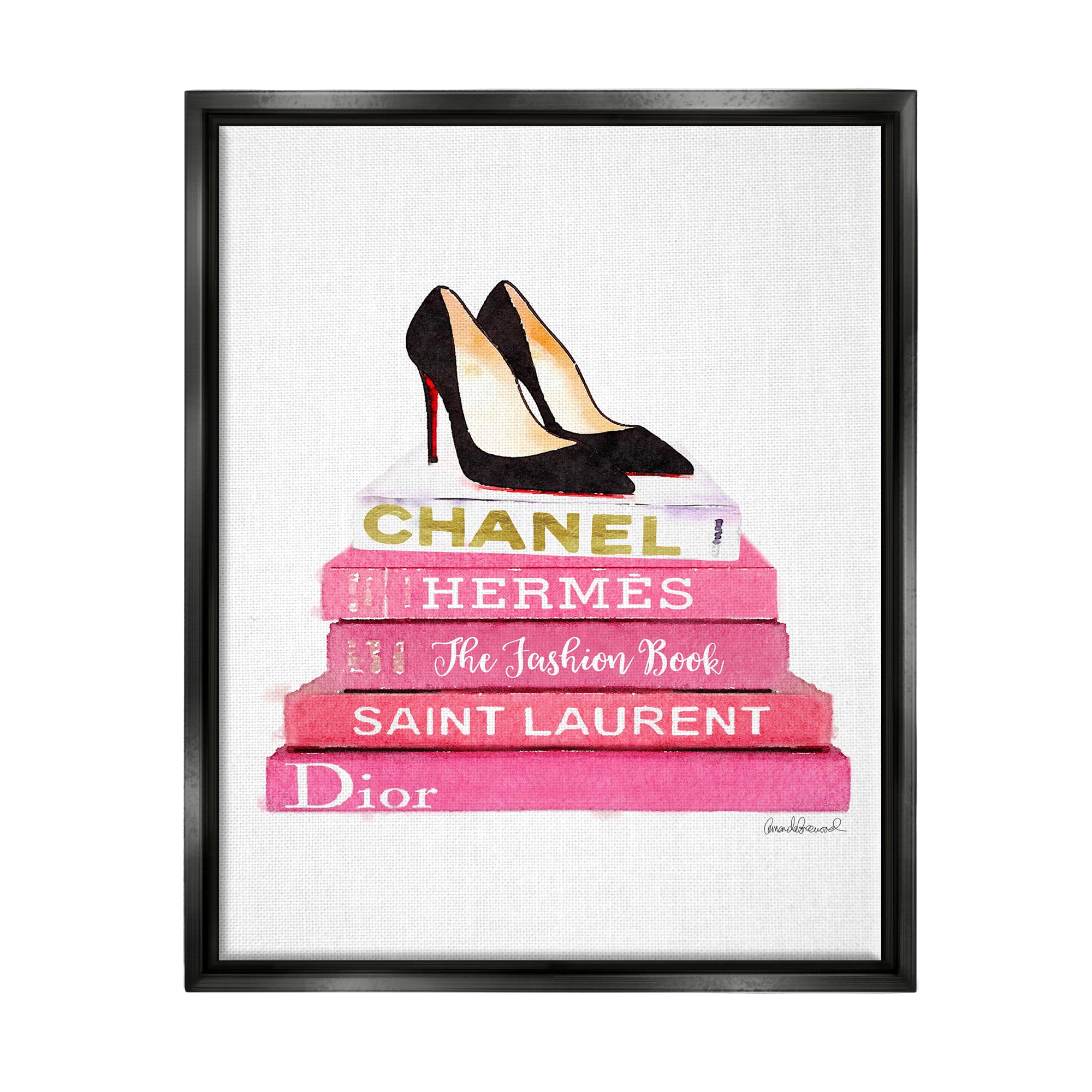 Stupell Industries Glam Pink Fashion Books Black Pump Hells Jet Black Framed Floating Canvas Wall Art, 16x20, by Amanda Greenwood