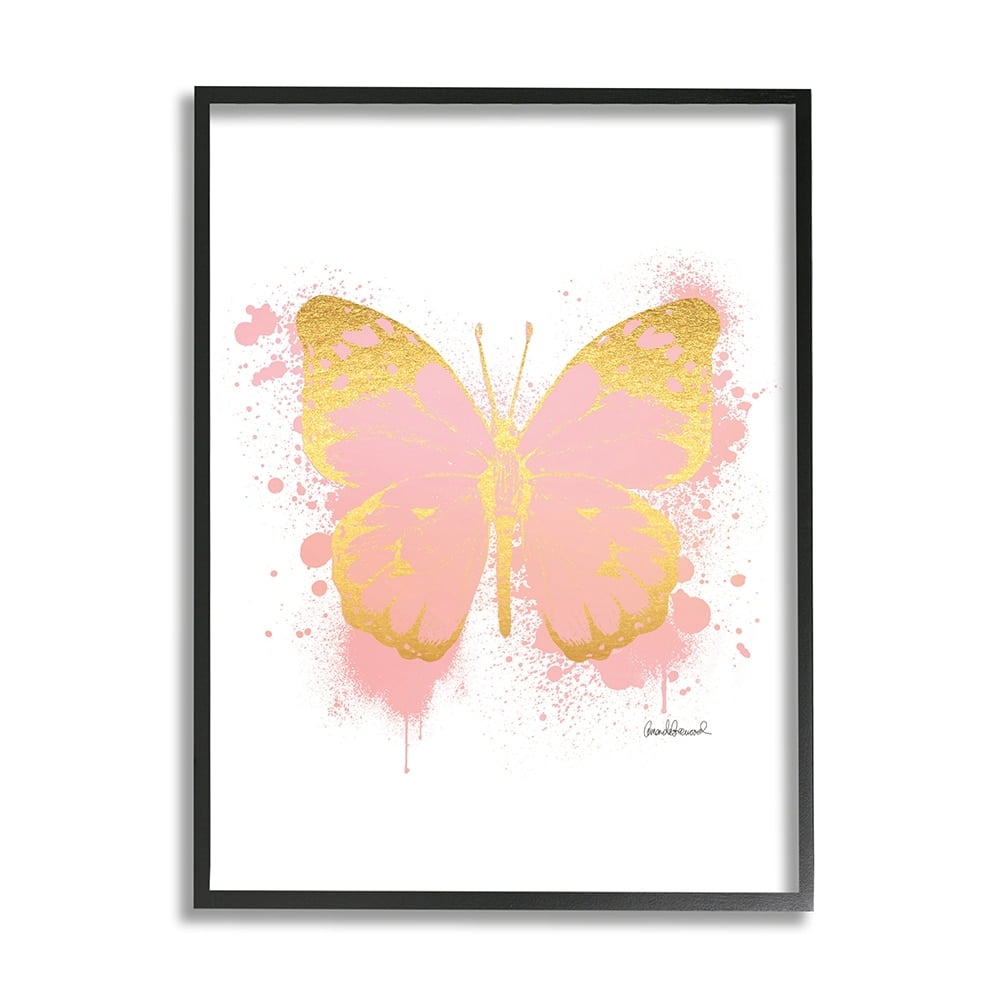Stupell Industries Glam Pink Gold Butterfly Abstract Paint Splatter Black Framed by Amanda Greenwood
