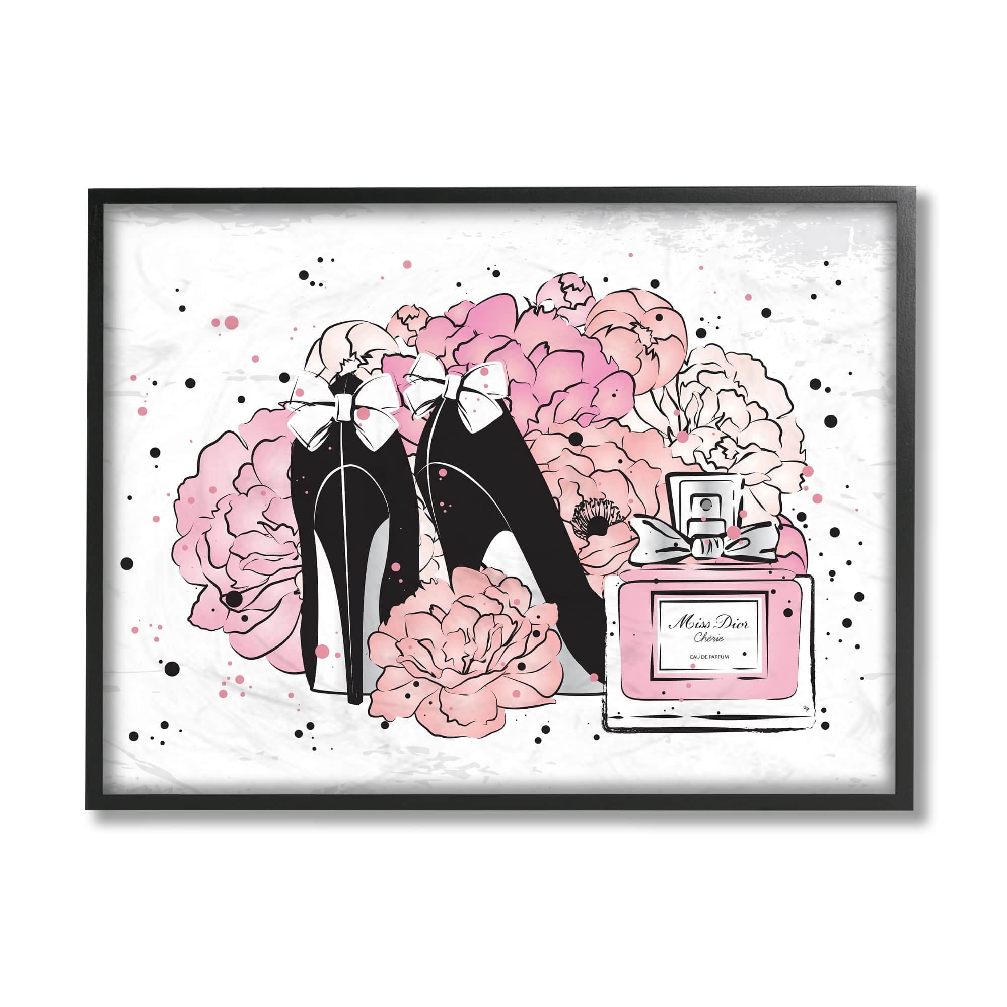 Stupell Industries Glam Pink Peonies Black Fashion Bow Heels Beauty & Fashion Painting Black Framed Art Print Wall Art, 16 x 20