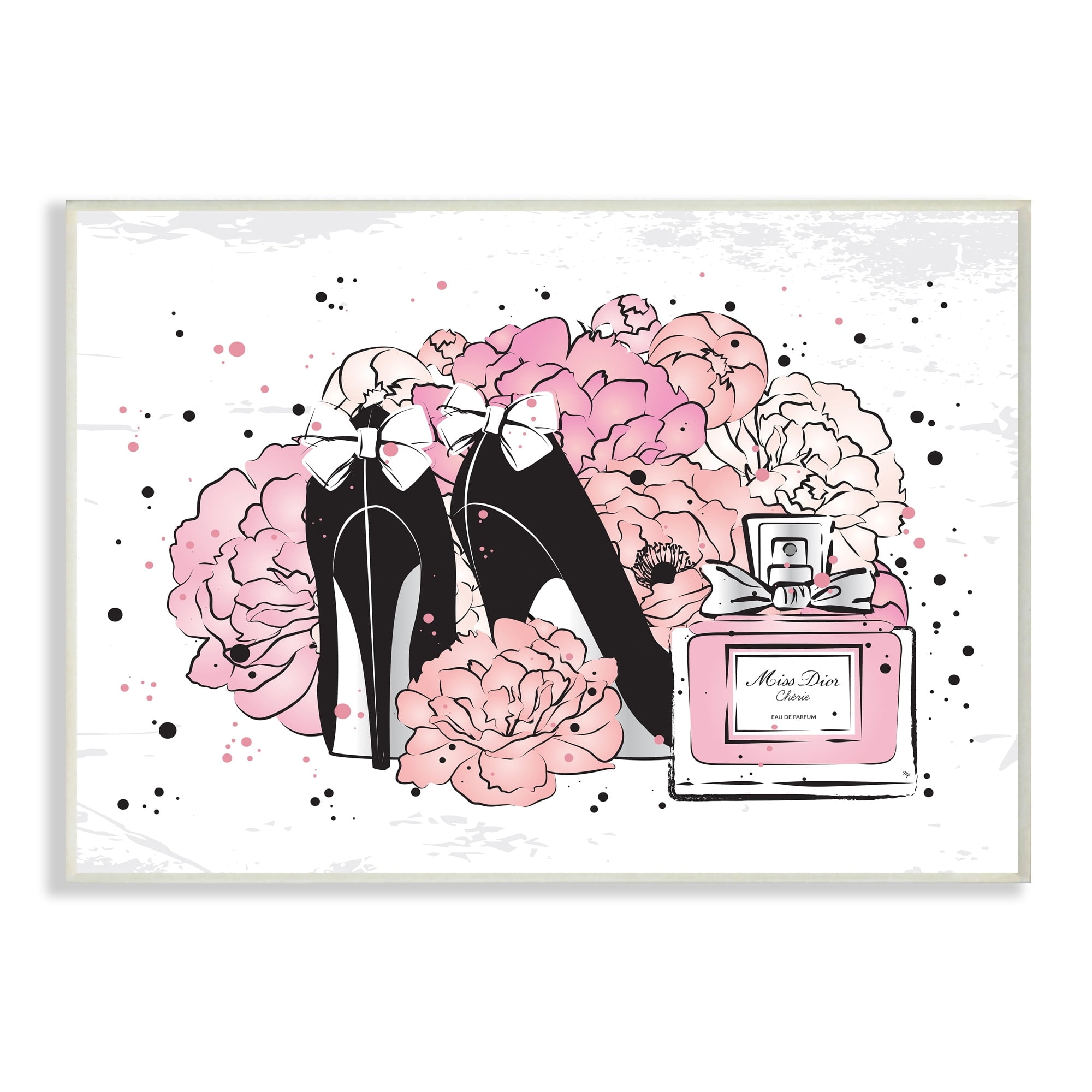 Stupell Industries Glam Pink Peonies Black Fashion Bow Heels Beauty & Fashion Painting Wall Plaque Art Print Wall Art, 10 x 15