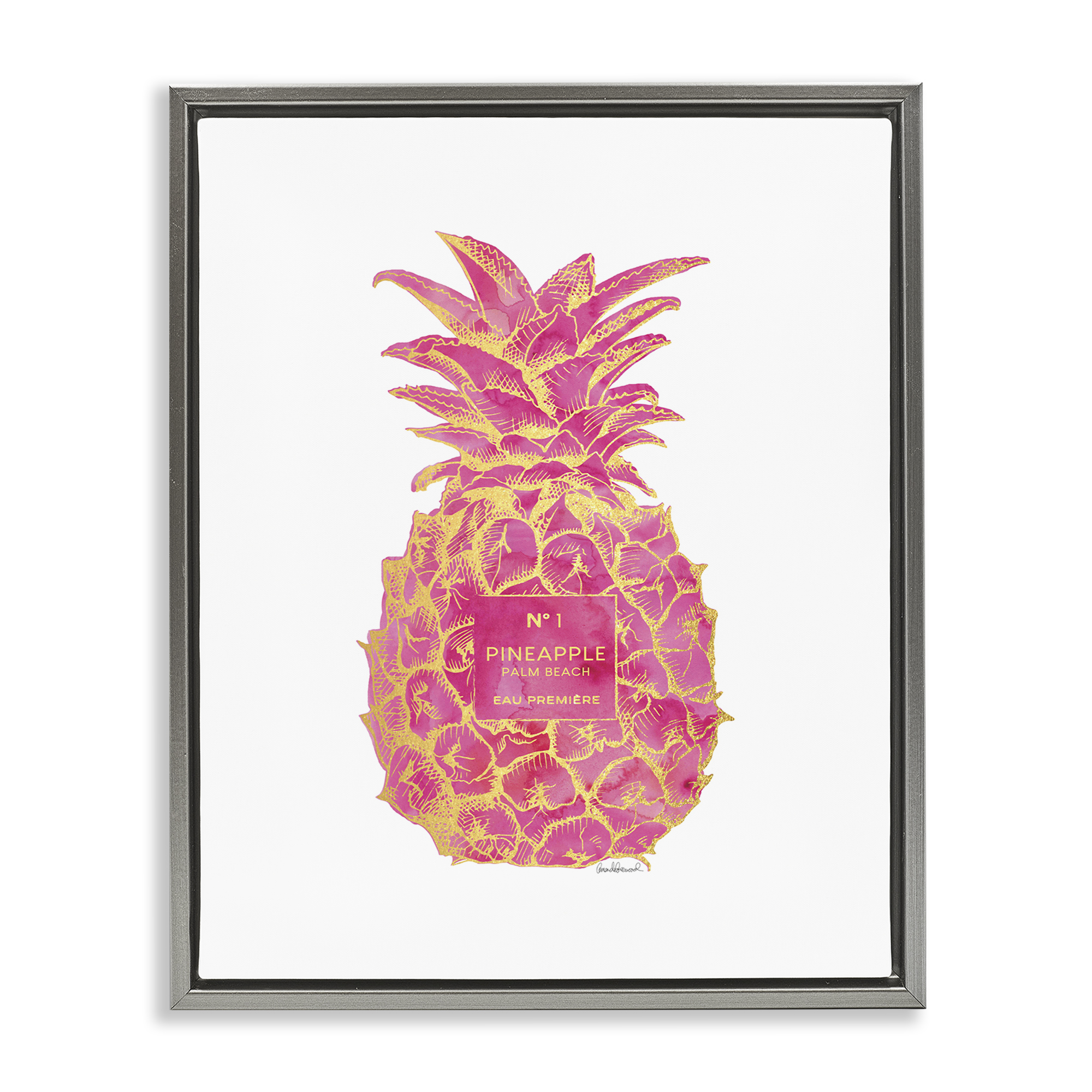 Stupell Industries Glam & Pink Pineapple Food & Beverage Painting Gray Floater Framed Canvas Art Print Wall Art, 25 x 31