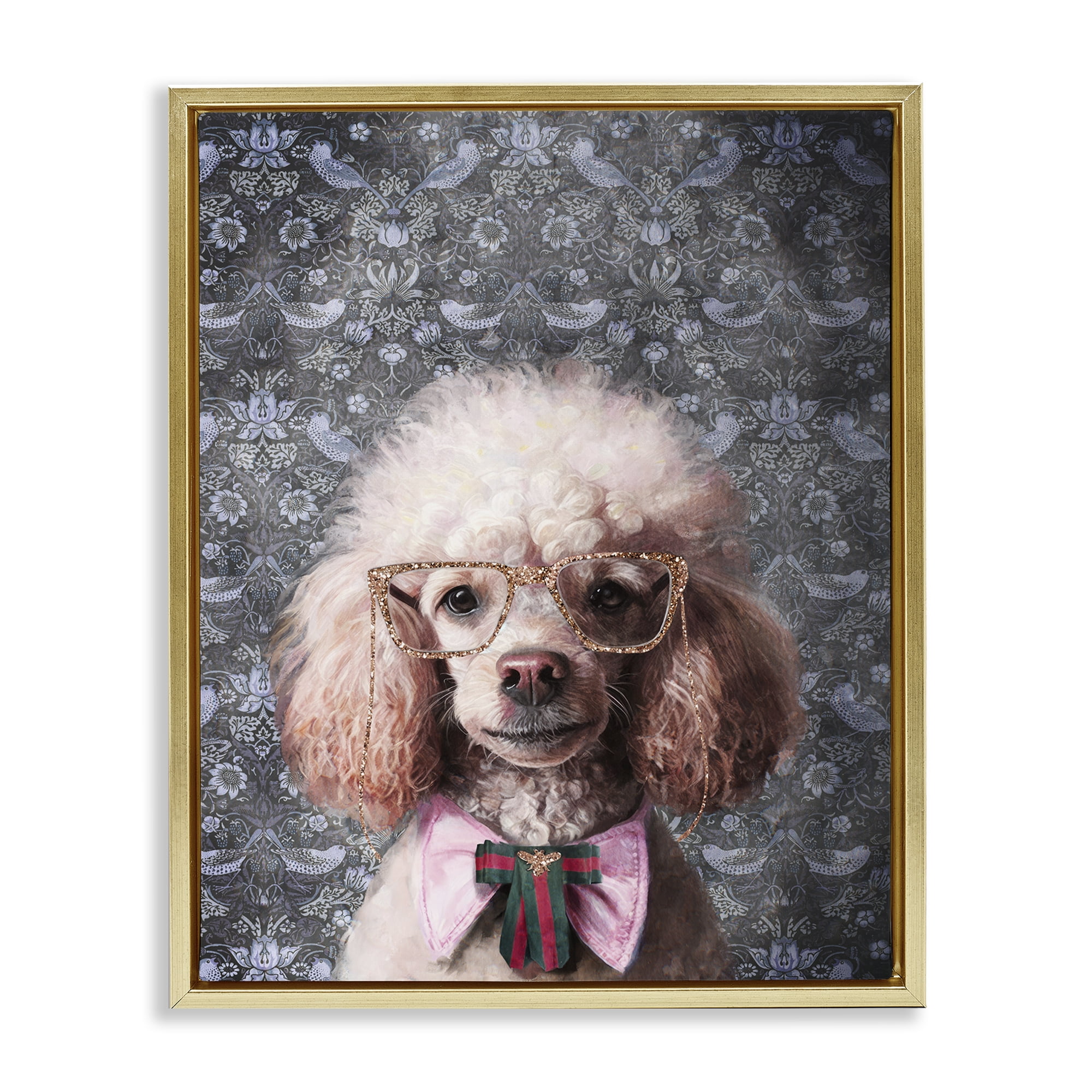 Stupell Industries Glam Poodle on Florals Novelty & Humor Painting Gold Floater Framed Canvas Art Print Wall Art, 17 x 21