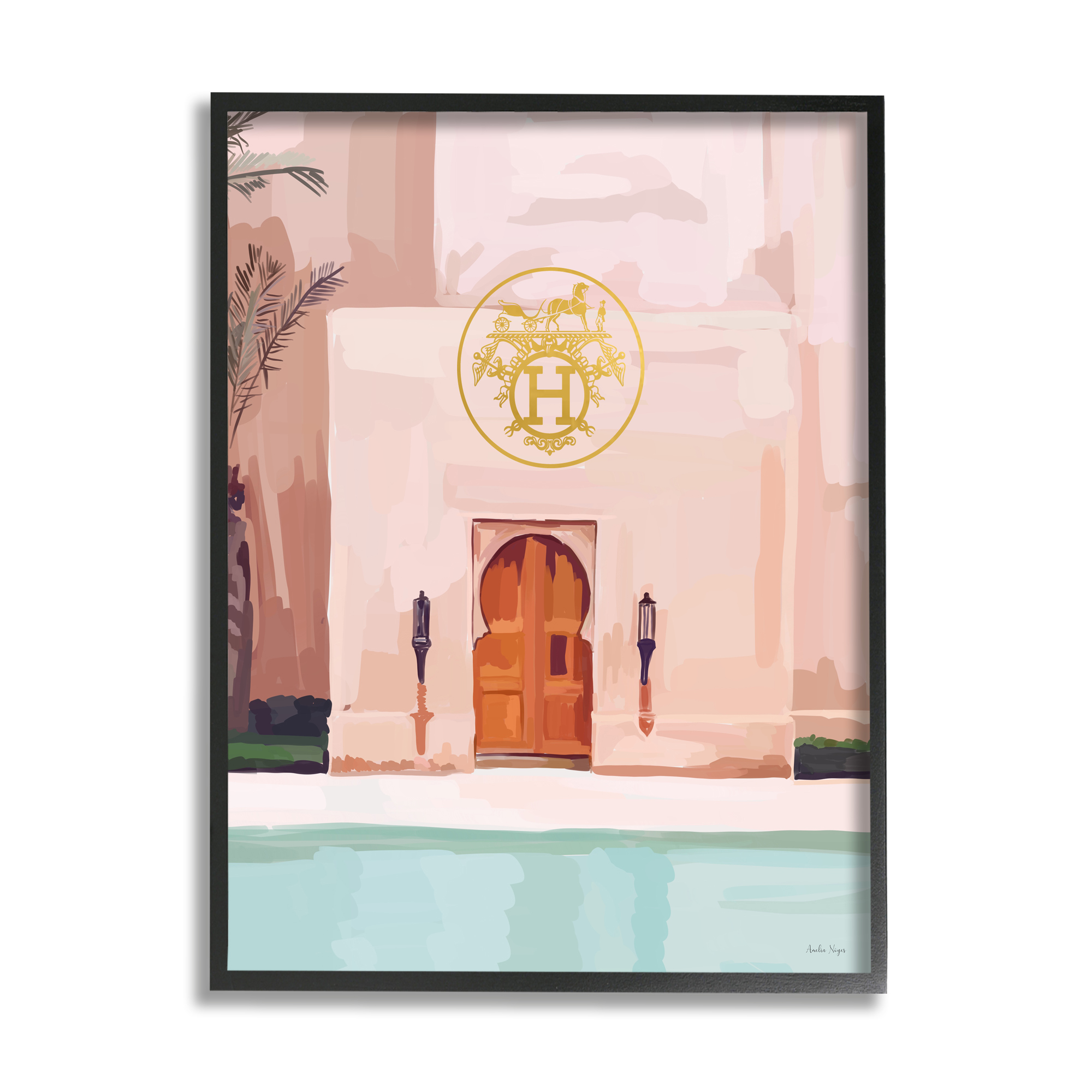 Stupell Industries Glam Poolside Villa Scene Abstract Painting Black Framed Art Print Wall Art, 16 x 20