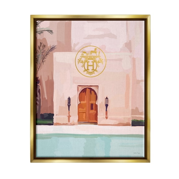 Stupell Industries Glam Poolside Villa Scene Abstract Painting Gold Floater Framed Canvas Art Print Wall Art, 17 x 21