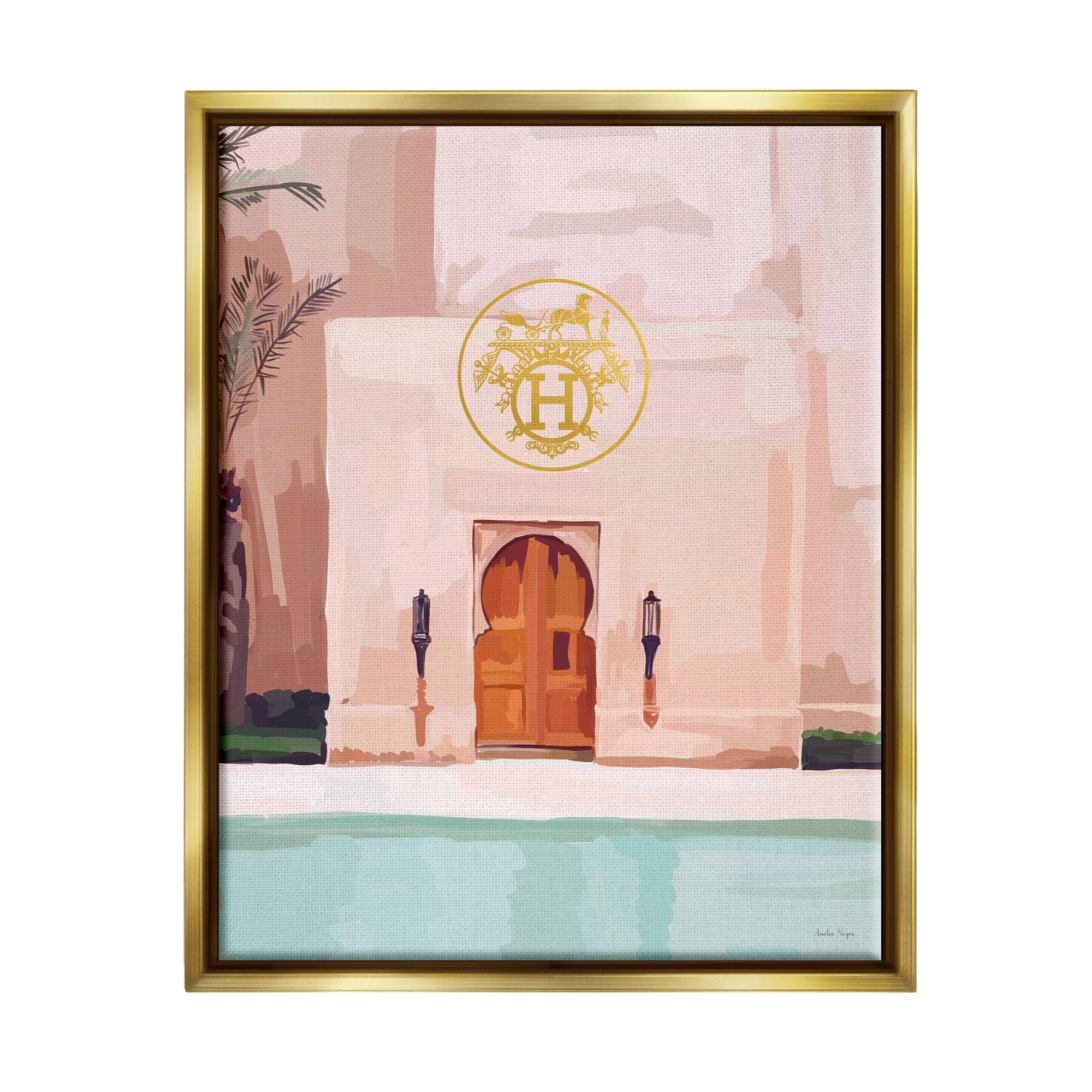 Stupell Industries Glam Poolside Villa Scene Abstract Painting Gold Floater Framed Canvas Art Print Wall Art, 25 x 31