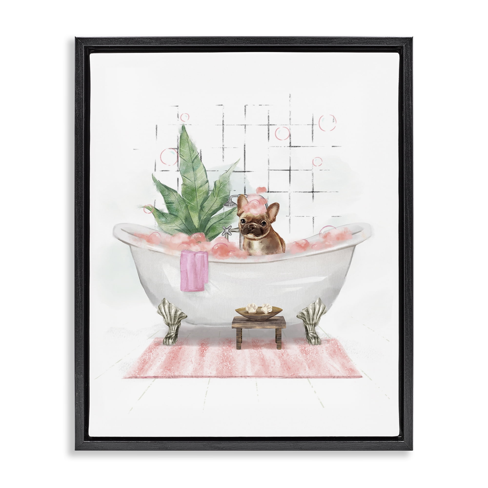Stupell Industries Glam Pug in Tub Bath & Laundry Painting Black Floater Framed Canvas Art Print Wall Art, 25 x 31