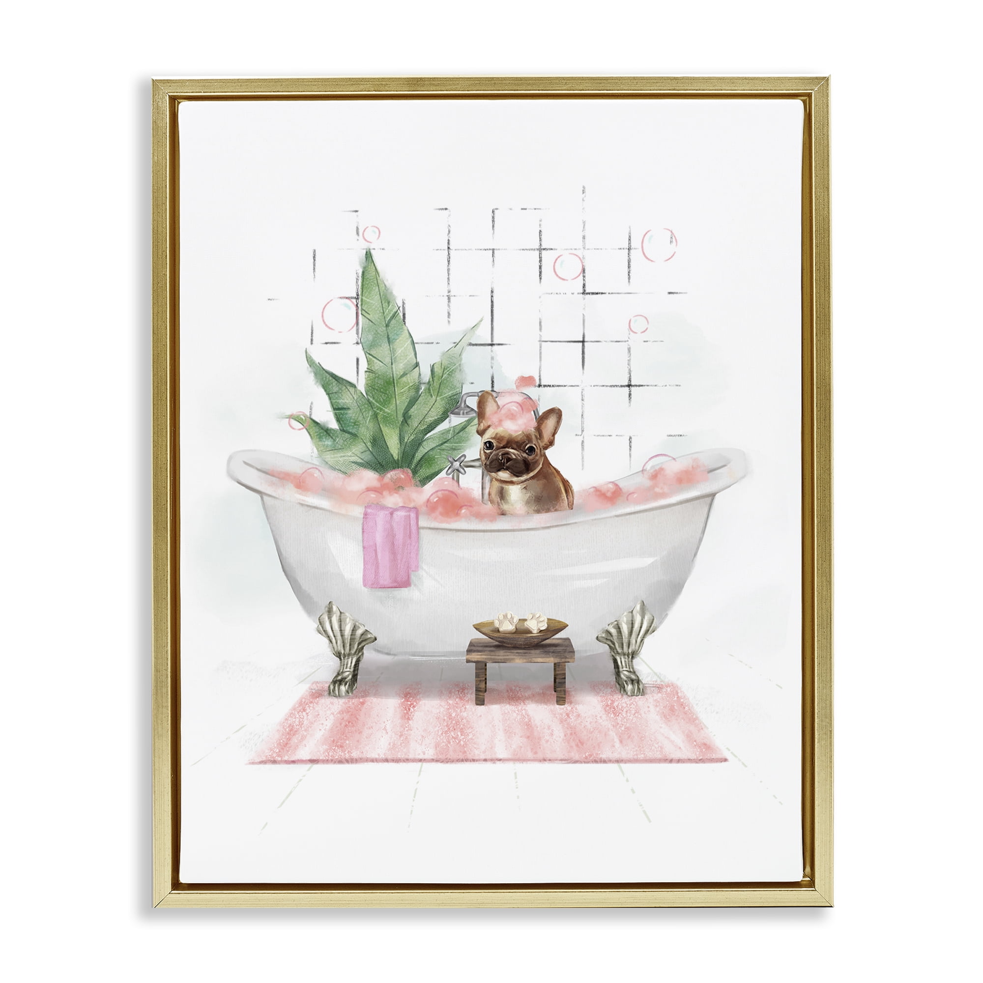 Stupell Industries Glam Pug in Tub Bath & Laundry Painting Gold Floater Framed Canvas Art Print Wall Art, 25 x 31