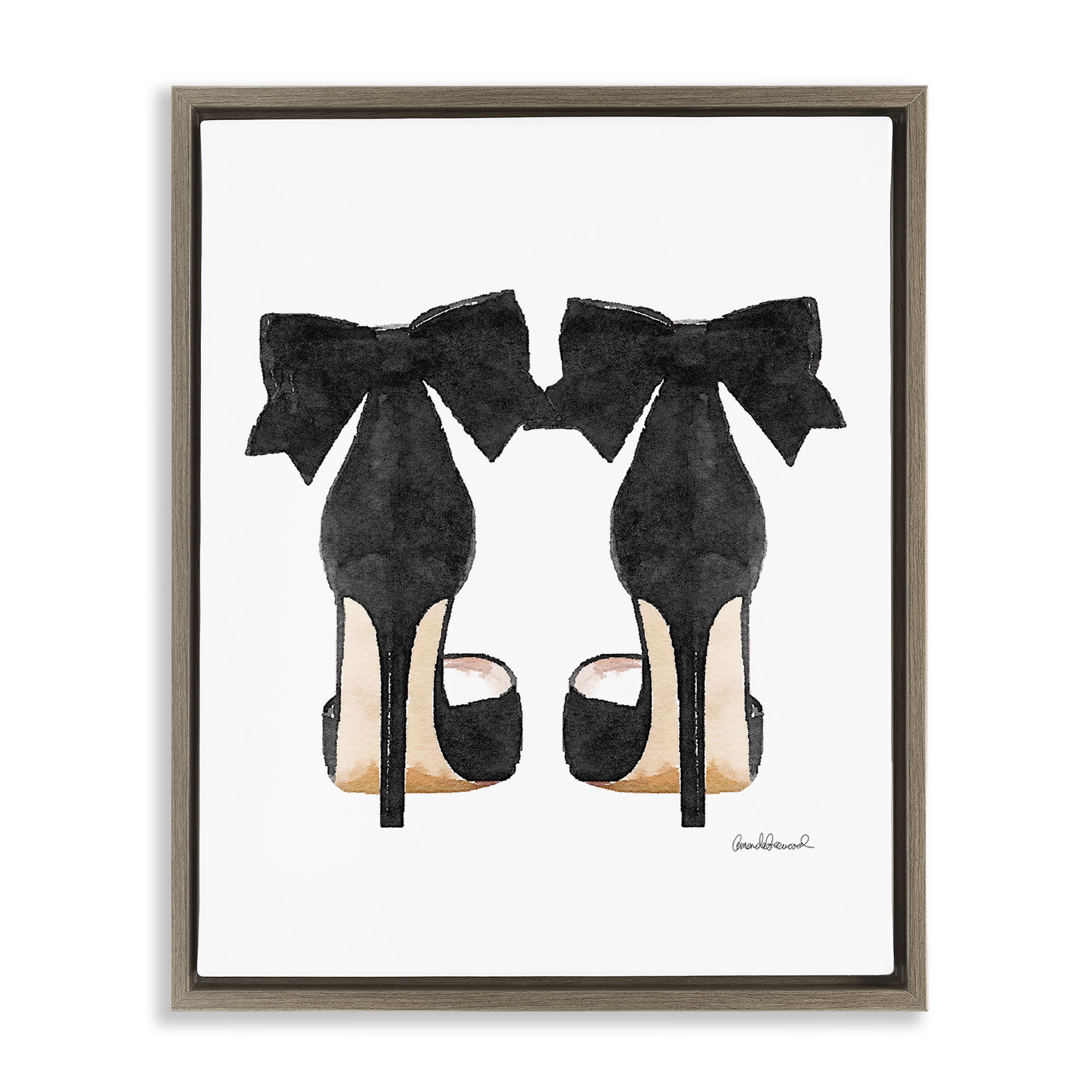 Stupell Industries Glam Pumps Heels With Black Bow Beauty & Fashion Painting Brown Floater Framed Canvas Art Print Wall Art, 25 x 31